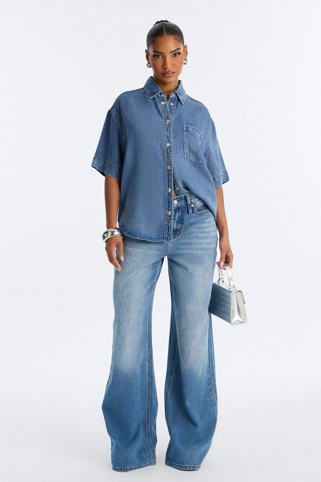 Elevated Casual Oversized Denim Shirt - Medium Wash