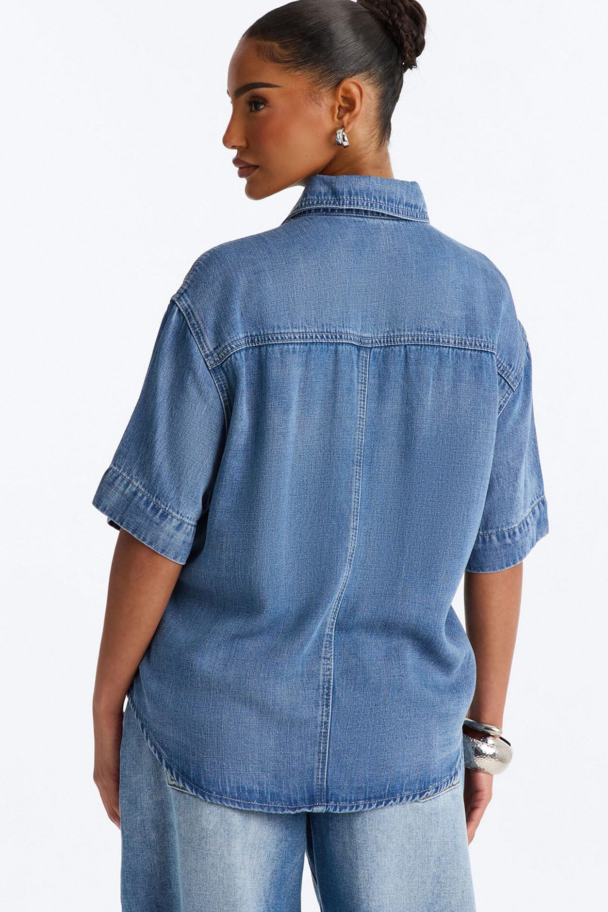 Elevated Casual Oversized Denim Shirt - Medium Wash
