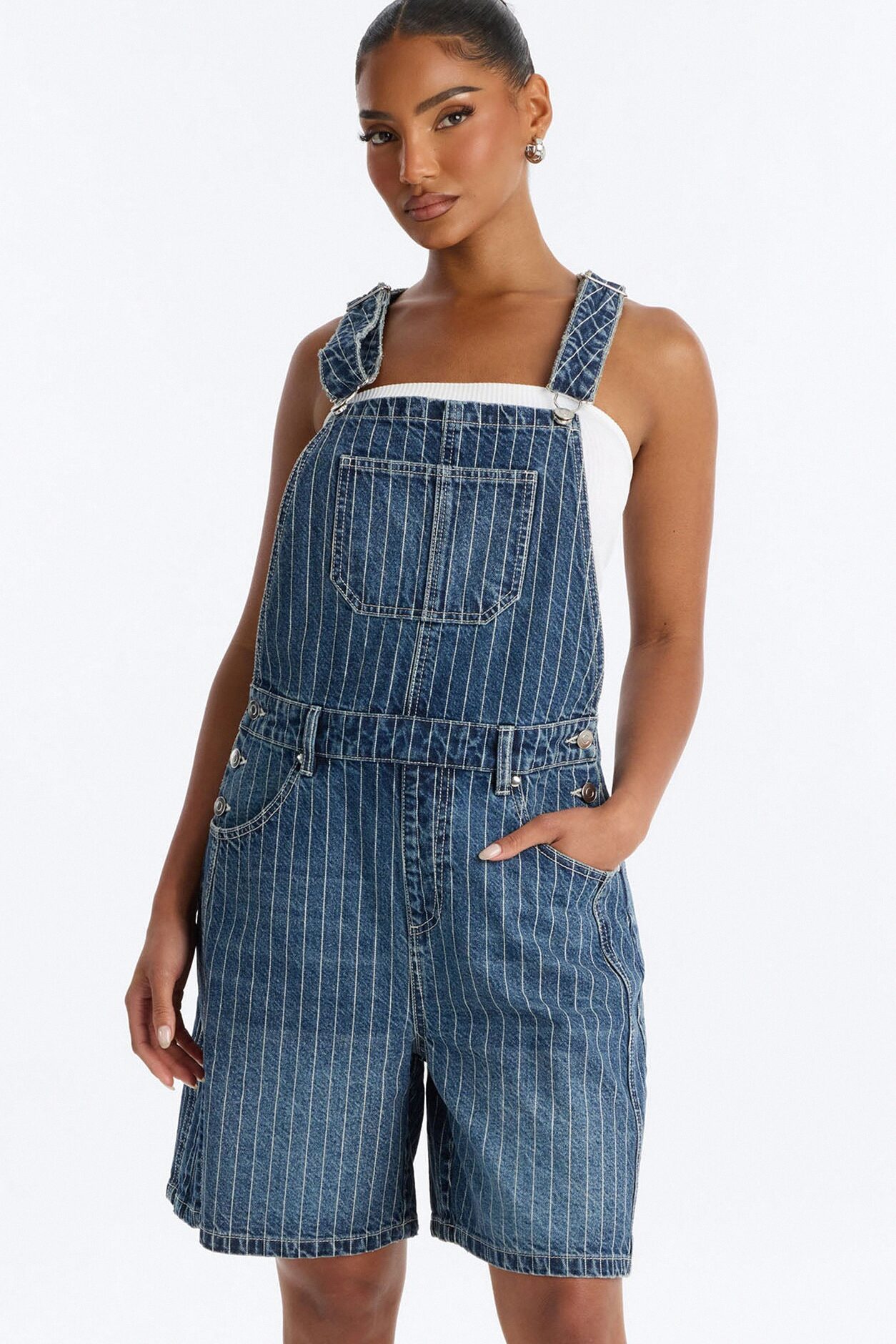 Legendary Striped Denim Shortalls - Medium Wash