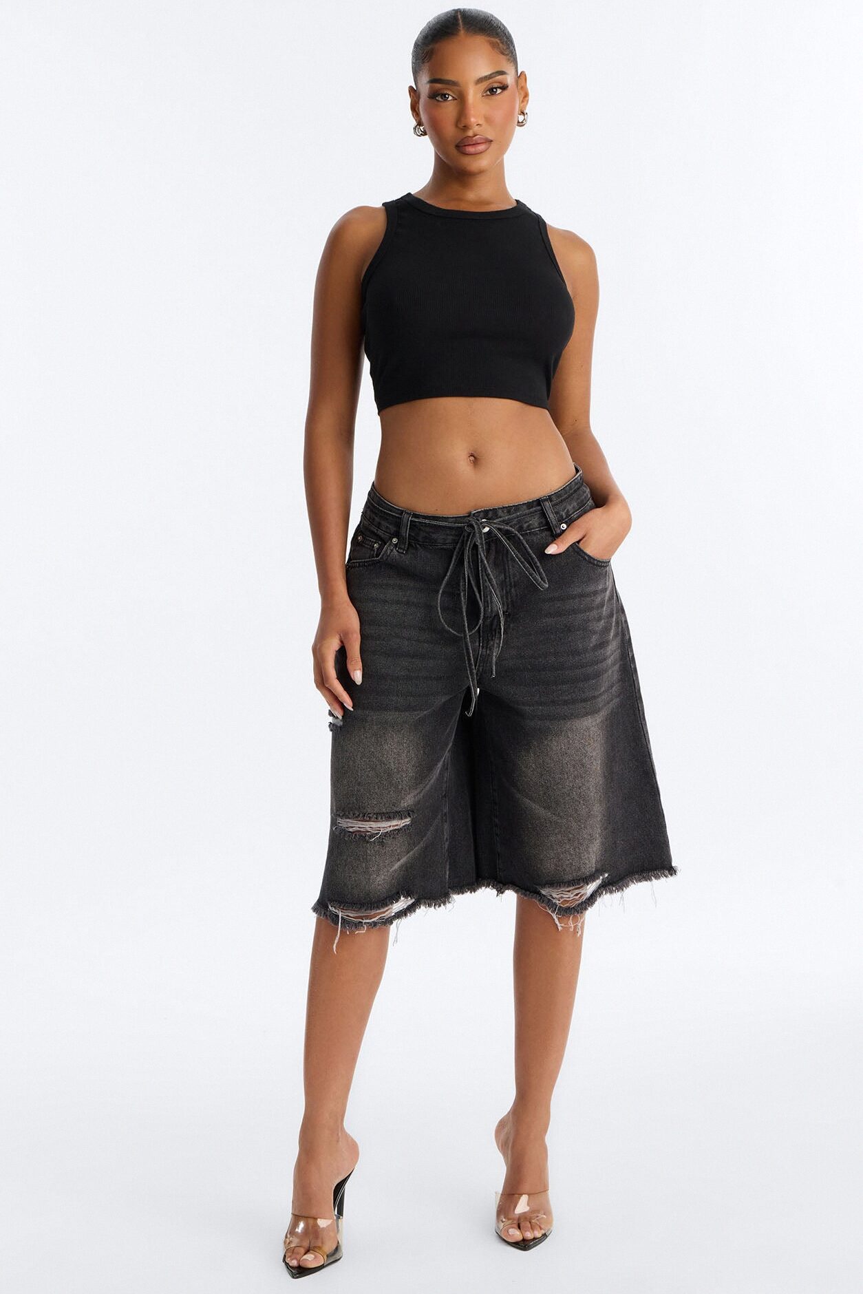 Ludlow Tie Waist Ripped Denim Jorts - Black Wash