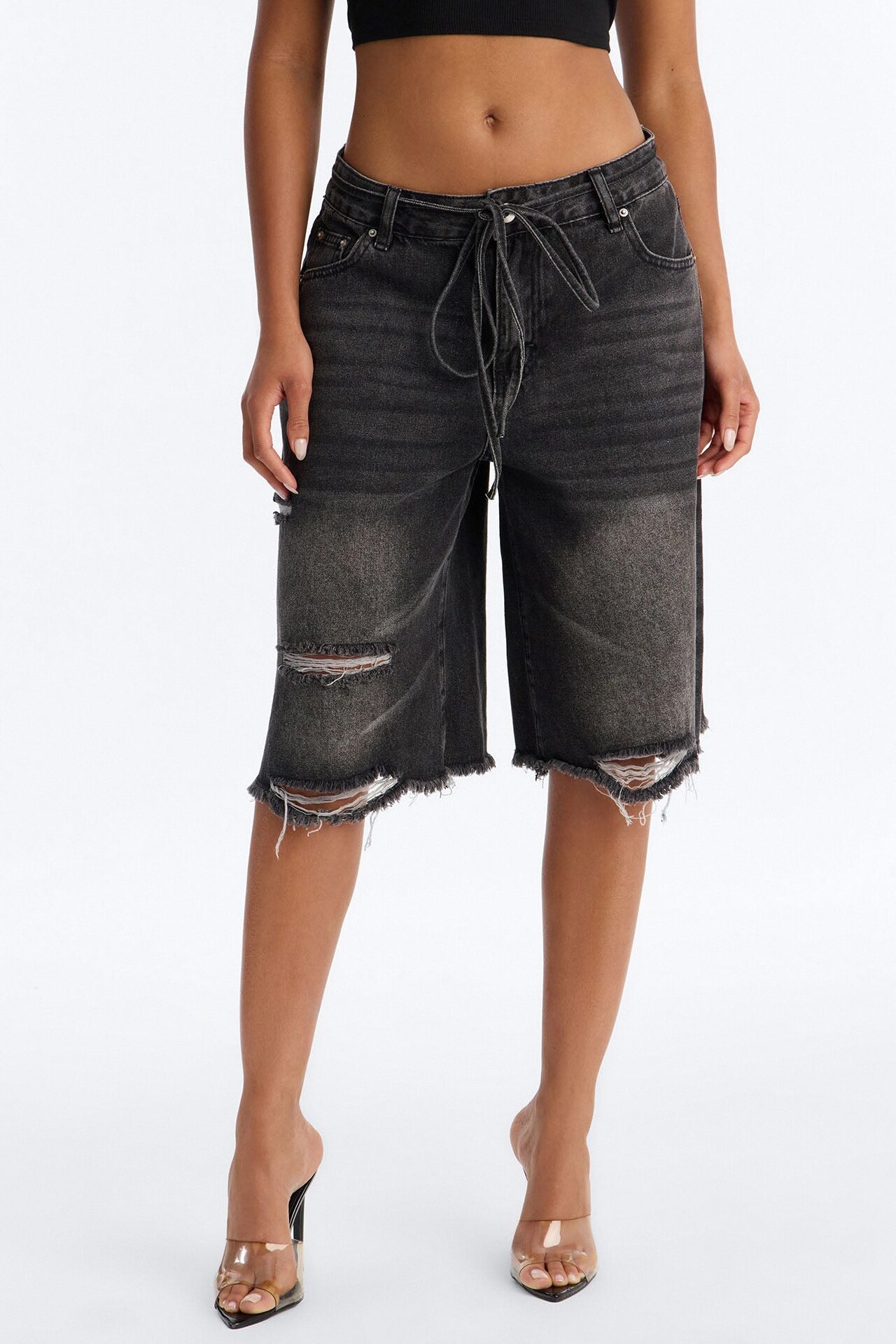 Ludlow Tie Waist Ripped Denim Jorts - Black Wash