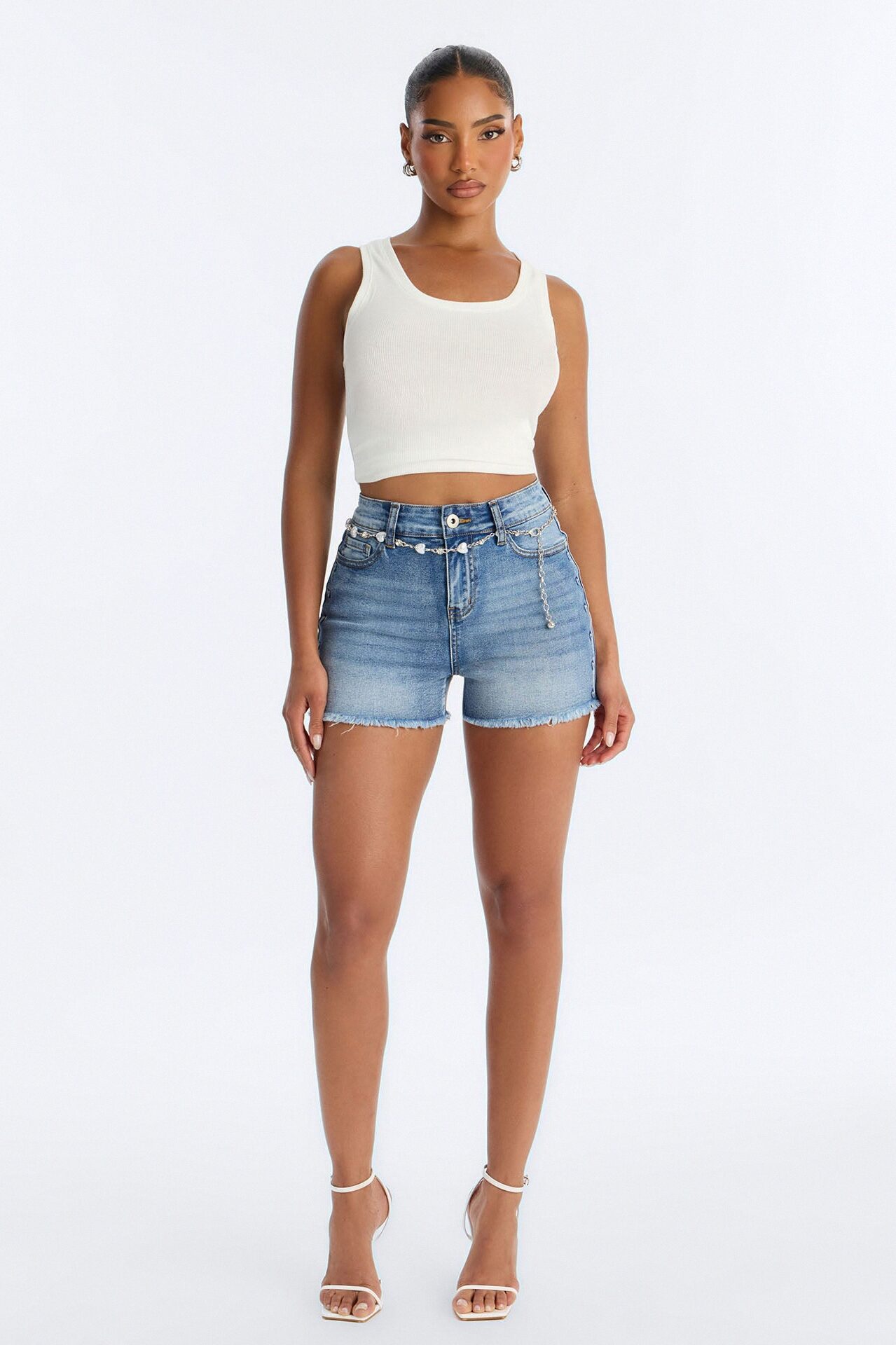 Sweetest Heart Embossed Belted Denim Shorts - Medium Wash