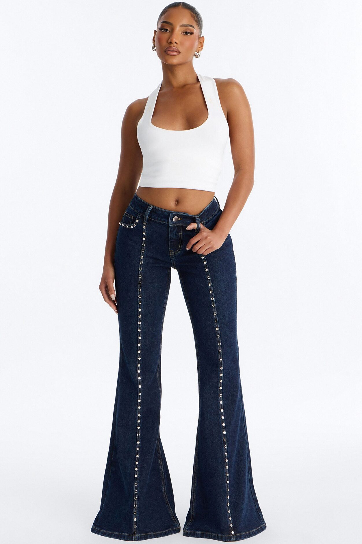 Nashville Low Rise Studded Stretch Flare Jeans - Dark Wash