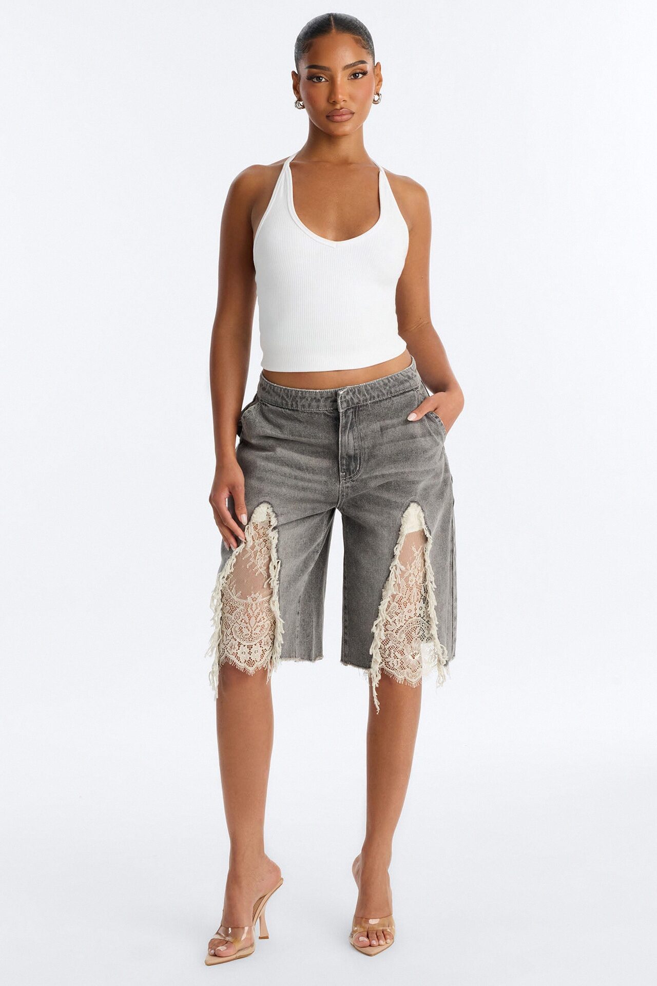 The Way It Goes Lace Detail Denim Jorts - Grey
