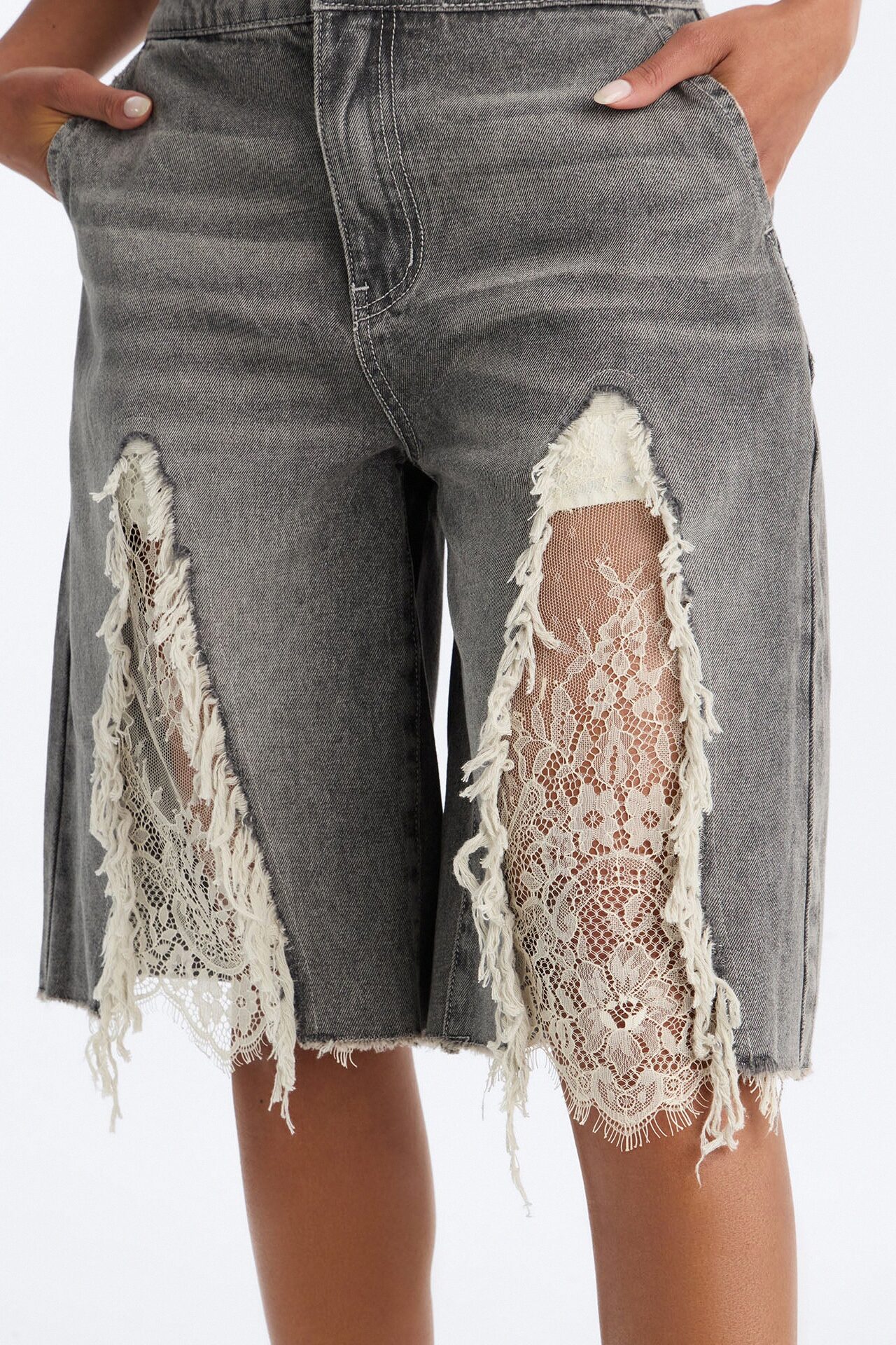 The Way It Goes Lace Detail Denim Jorts - Grey