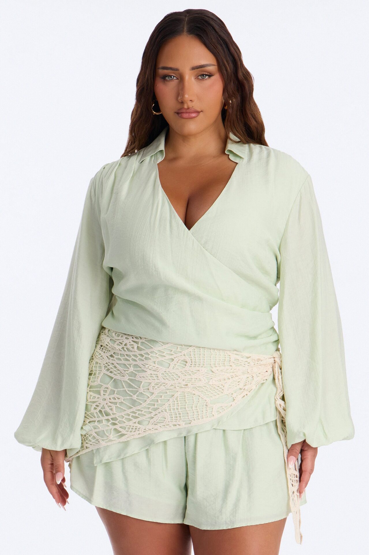 Yolanda 3 Piece Crochet Wrap Short Set - Sage