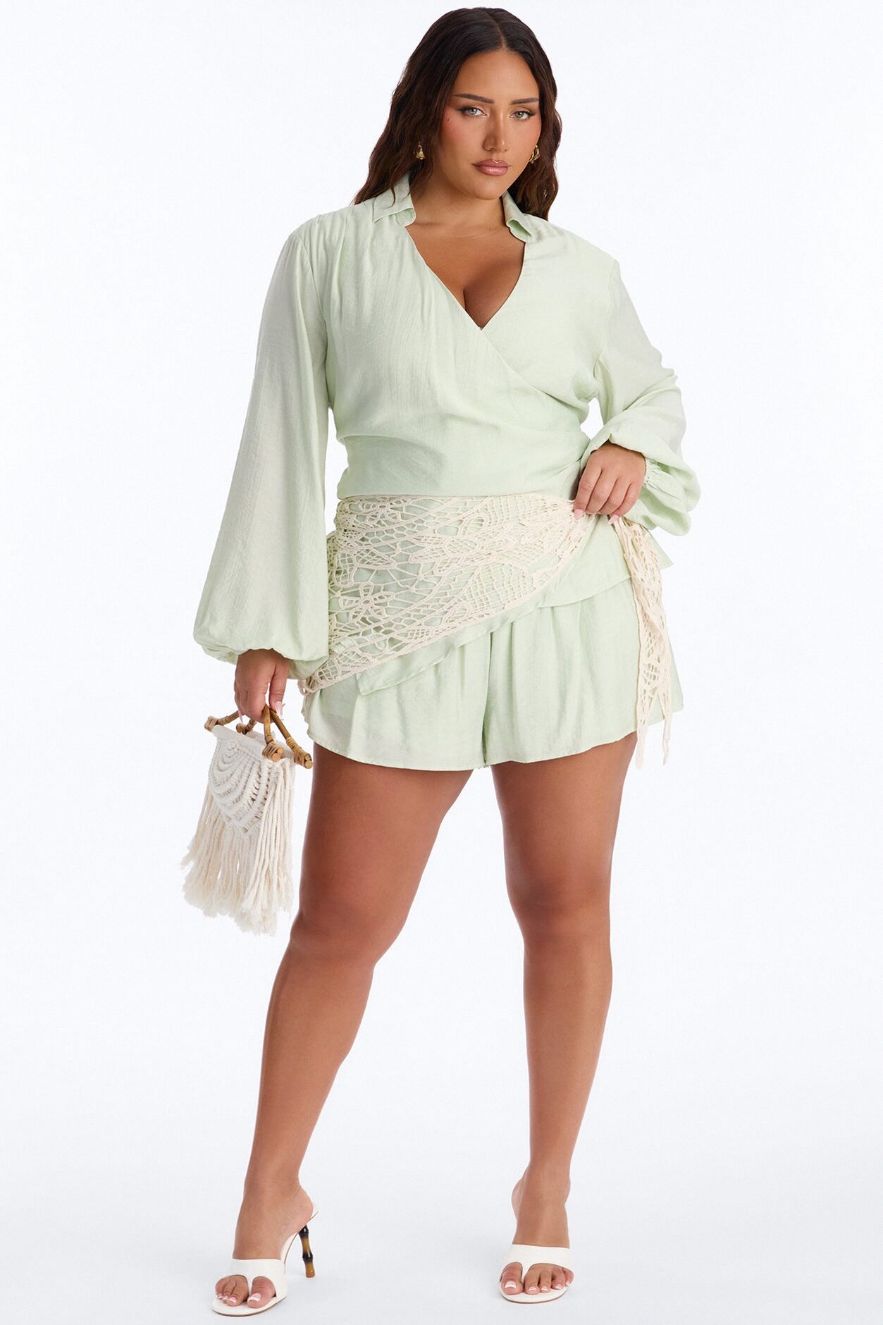 Yolanda 3 Piece Crochet Wrap Short Set - Sage