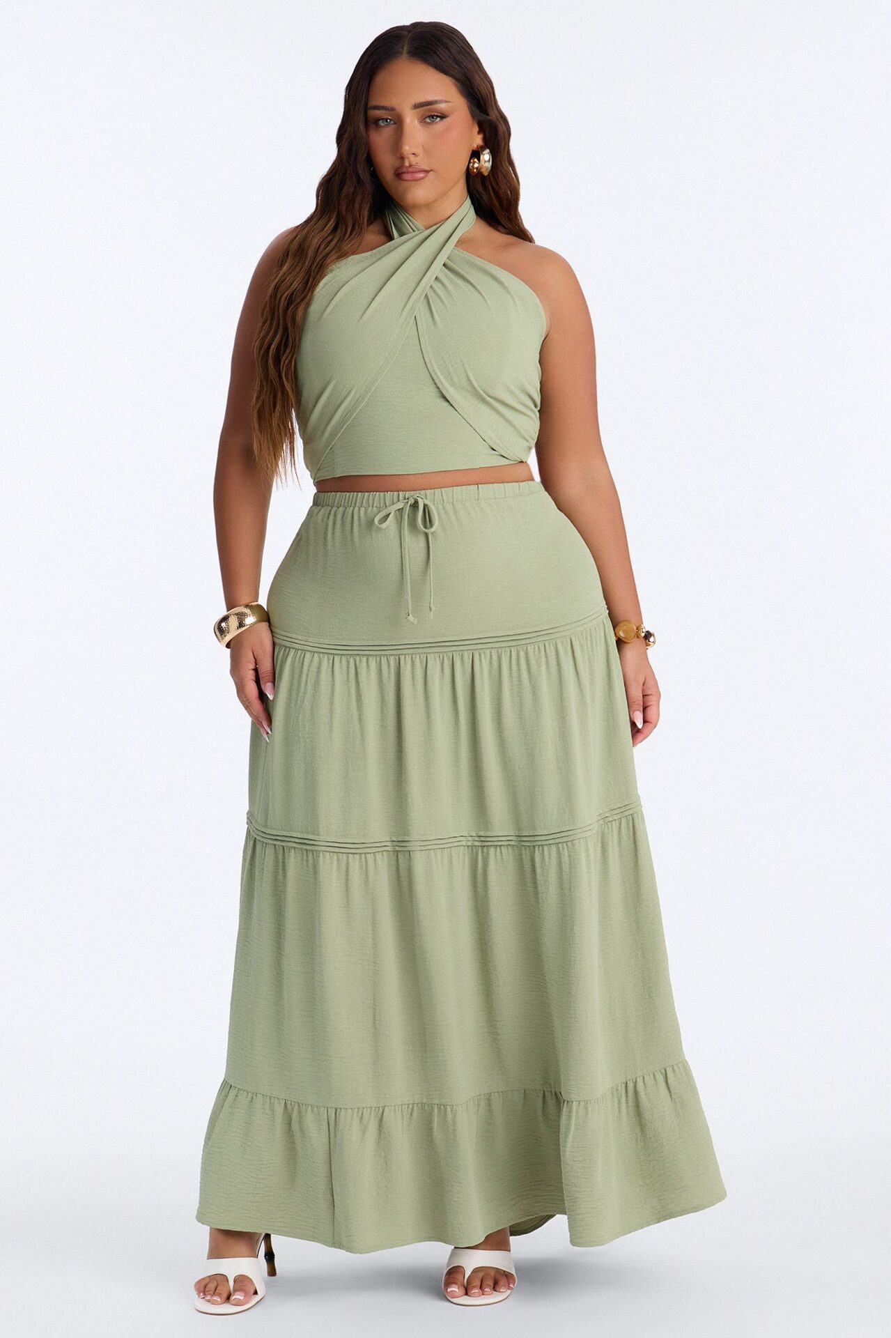 Subtle Attraction Halter Maxi Skirt Set - Sage