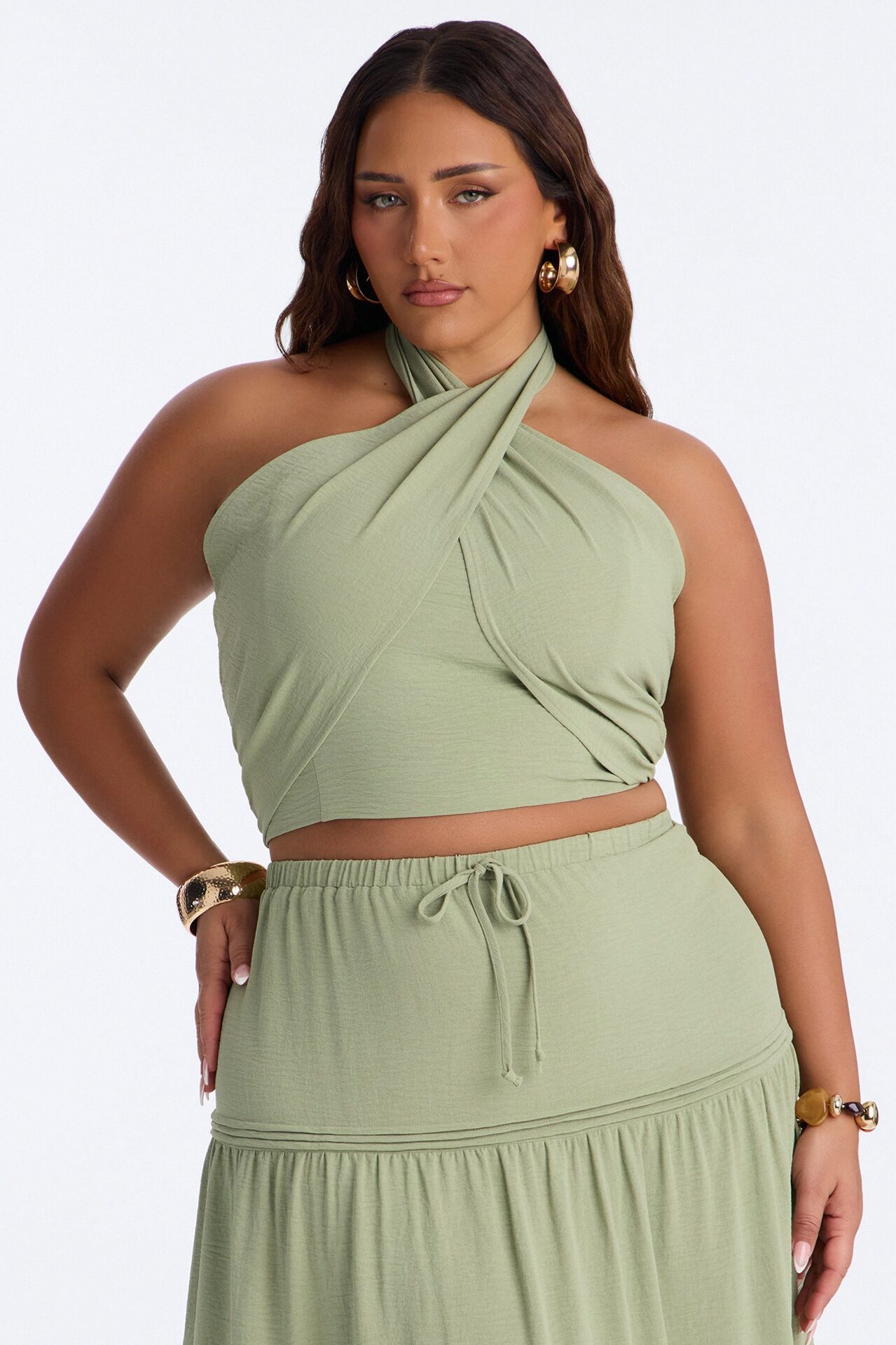 Subtle Attraction Halter Maxi Skirt Set - Sage