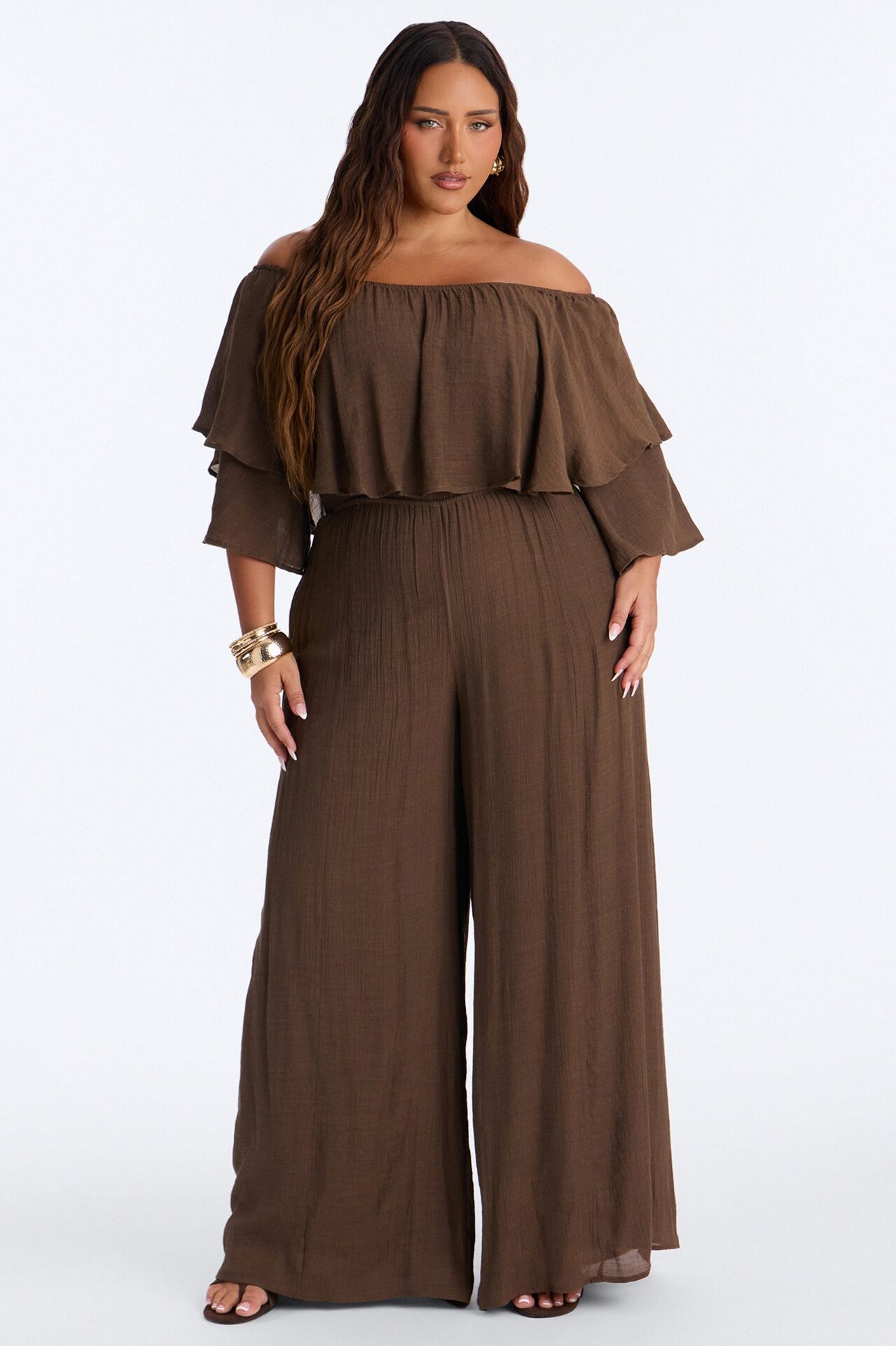 Off To Brunch Ruffle Wide Leg Jumpsuit - Chocolate