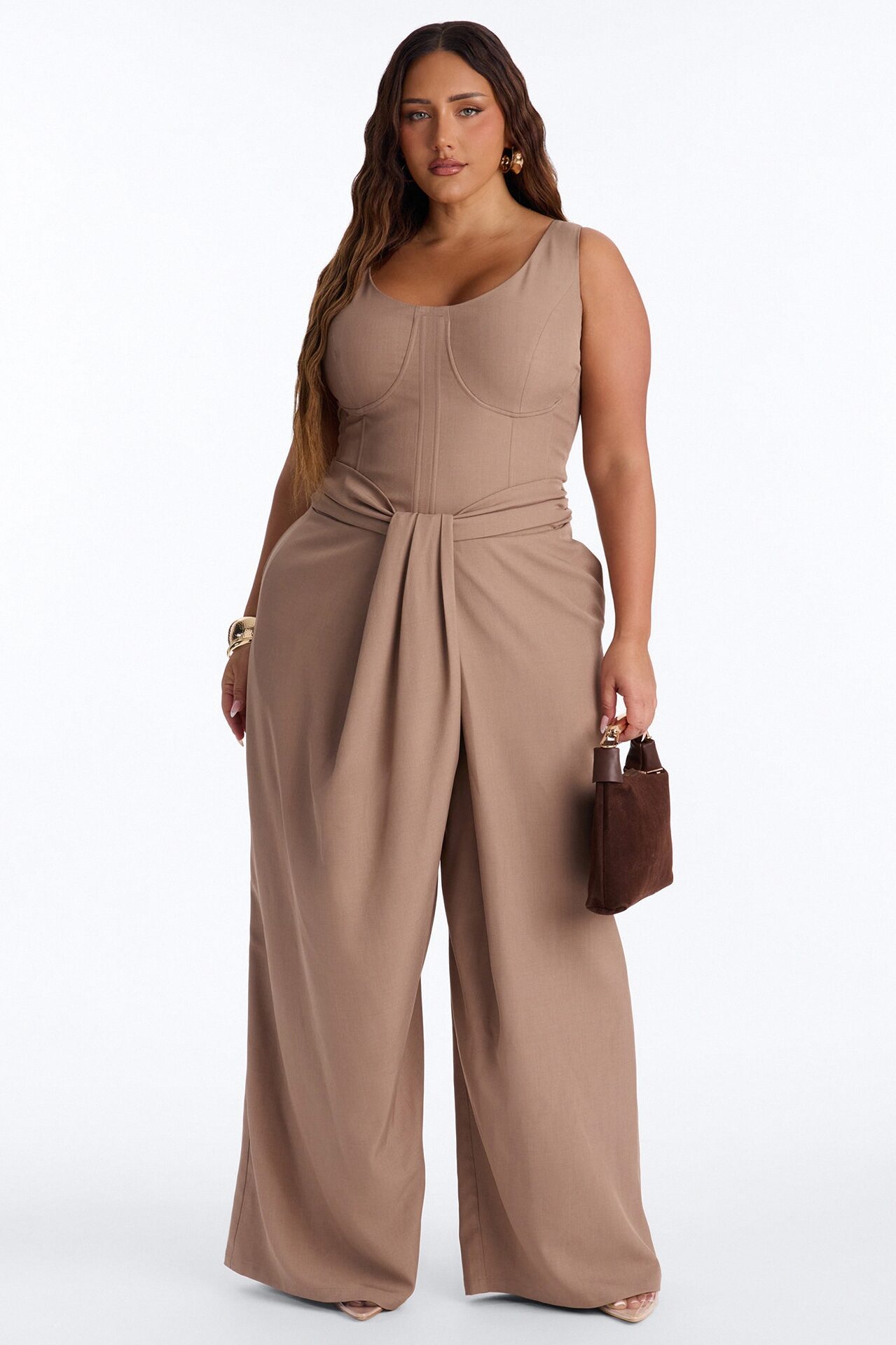 Jessa Twist Front Wide Leg Jumpsuit - Taupe