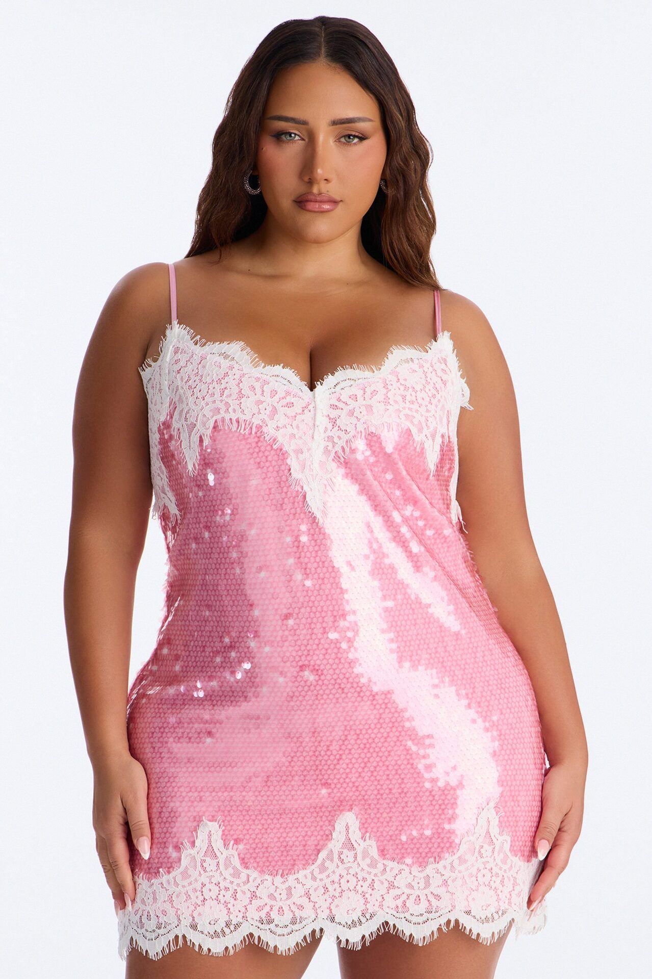 Katia Lace Trim Sequin Mini Dress - Pink