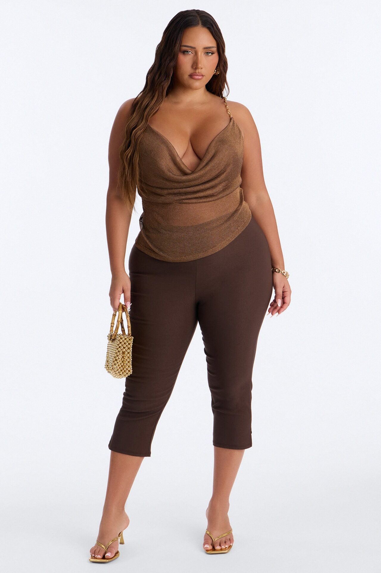 Summer Nights Metallic Chain Strap Cowl Neck Top - Bronze