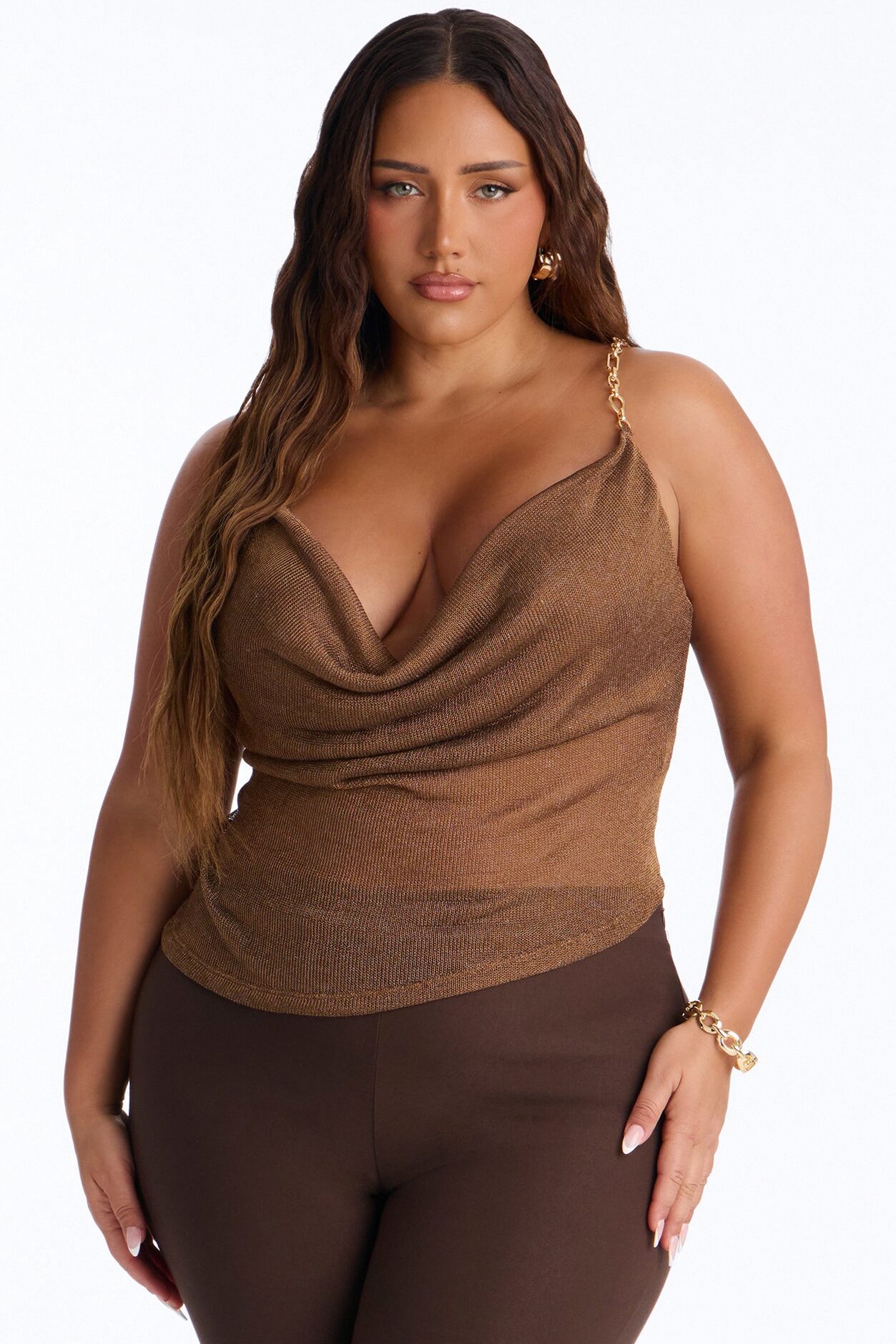 Summer Nights Metallic Chain Strap Cowl Neck Top - Bronze