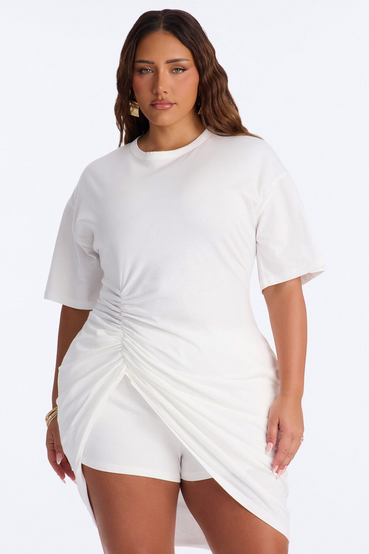 Refined Effect Ruched Short Set - White