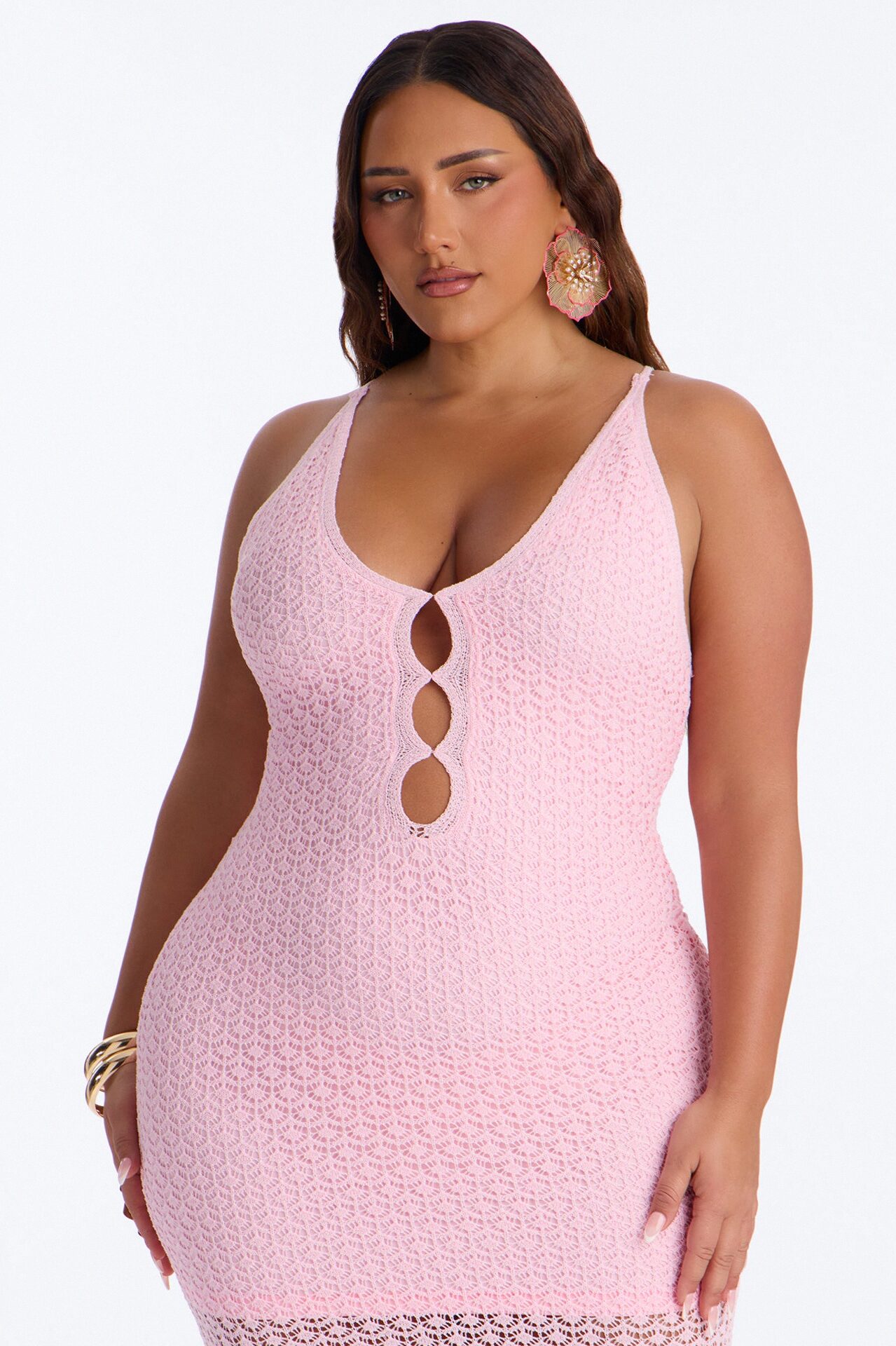 Ocean View Sheer Crochet Maxi Dress - Pink