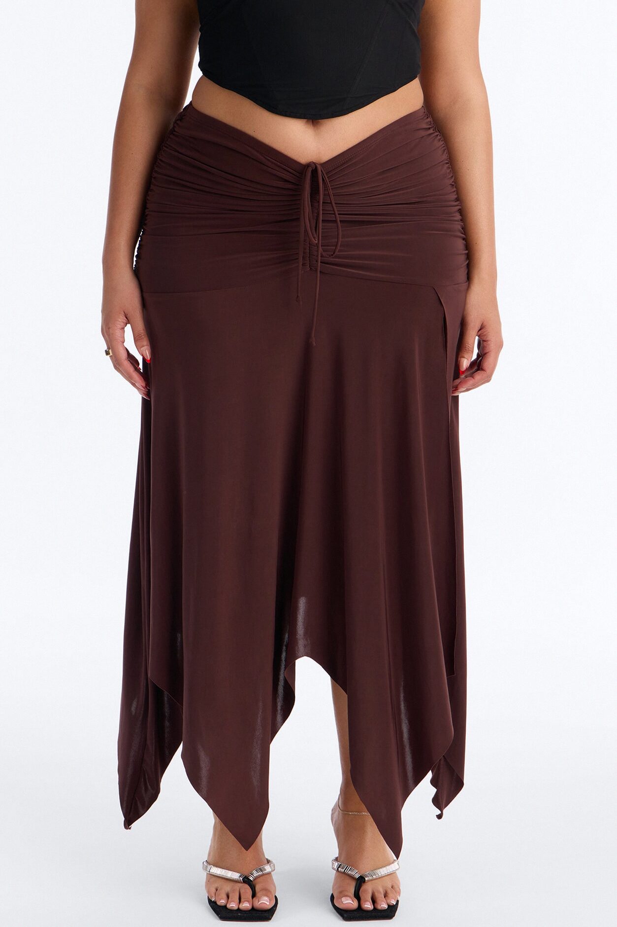 Miranda Low Rise Ruched Flowy Midi Skirt - Brown