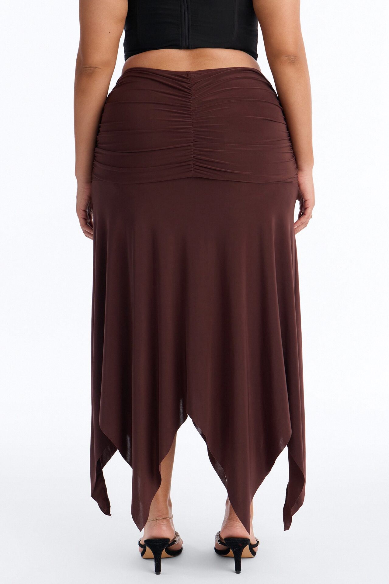 Miranda Low Rise Ruched Flowy Midi Skirt - Brown