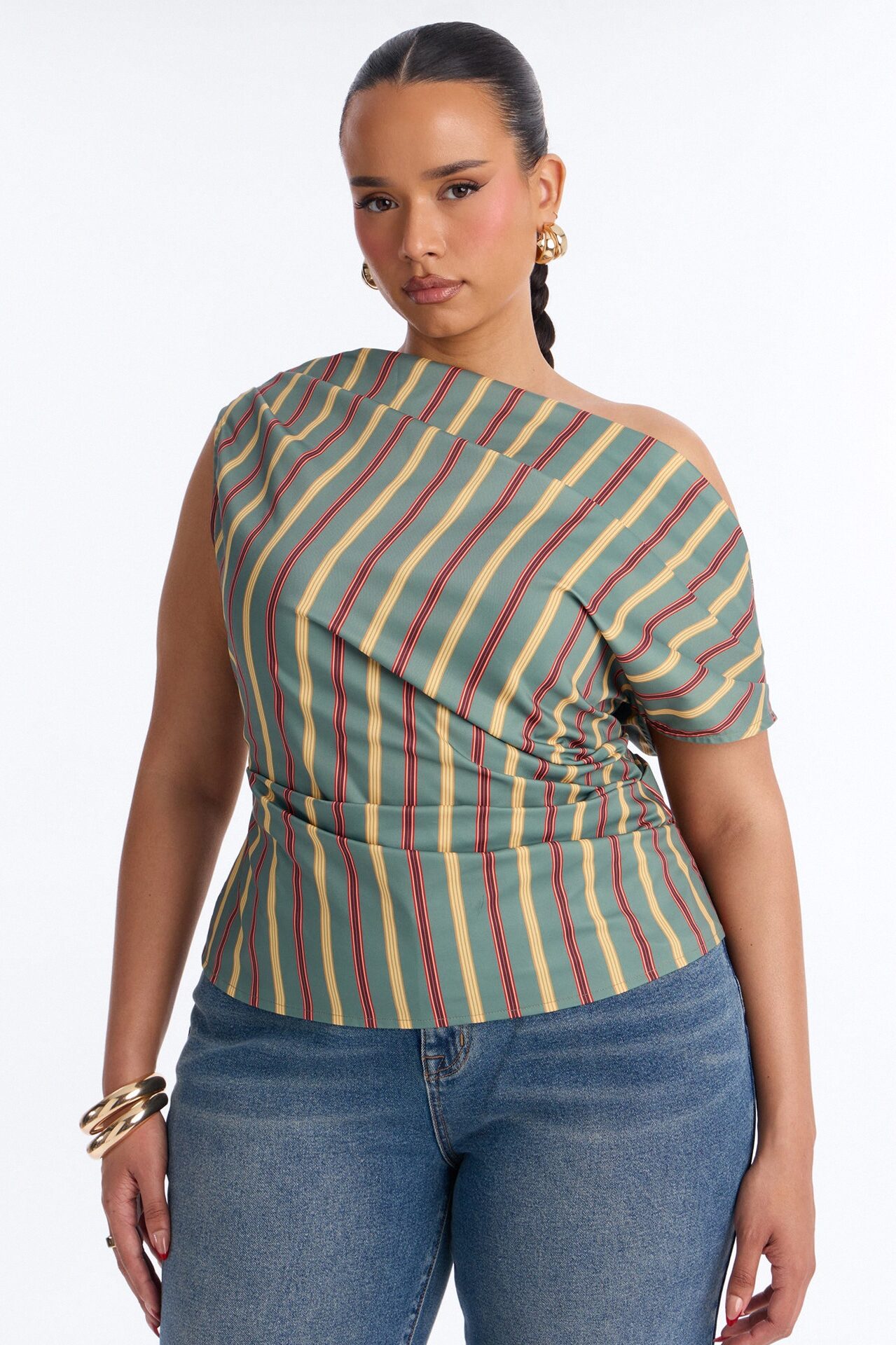 Set The Tone One Shoulder Striped Top - Green/combo