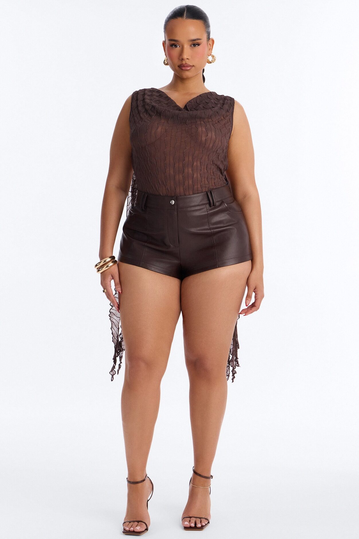 Kallie Ruffle Backless Mesh Bodysuit - Chocolate