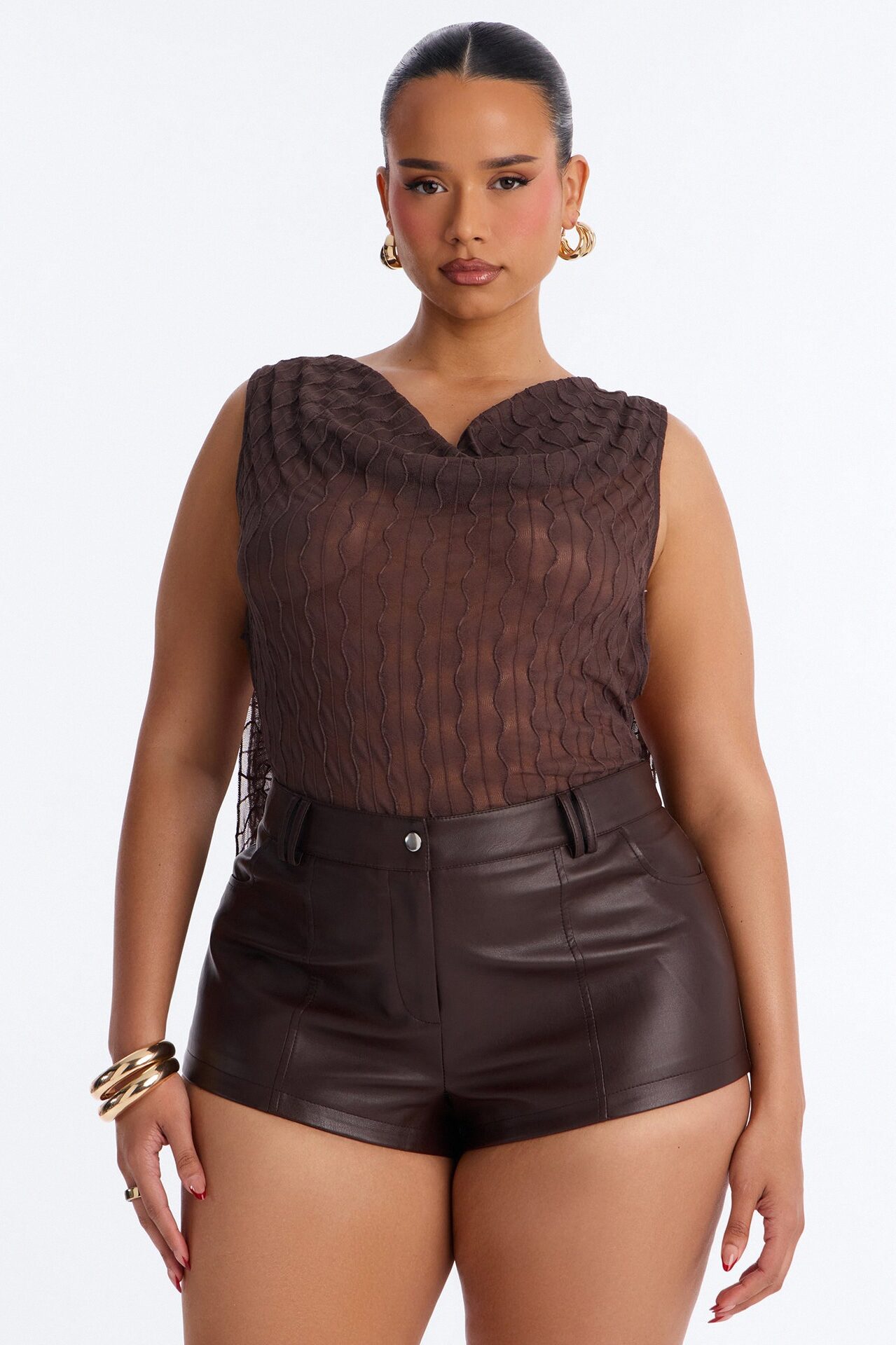 Kallie Ruffle Backless Mesh Bodysuit - Chocolate