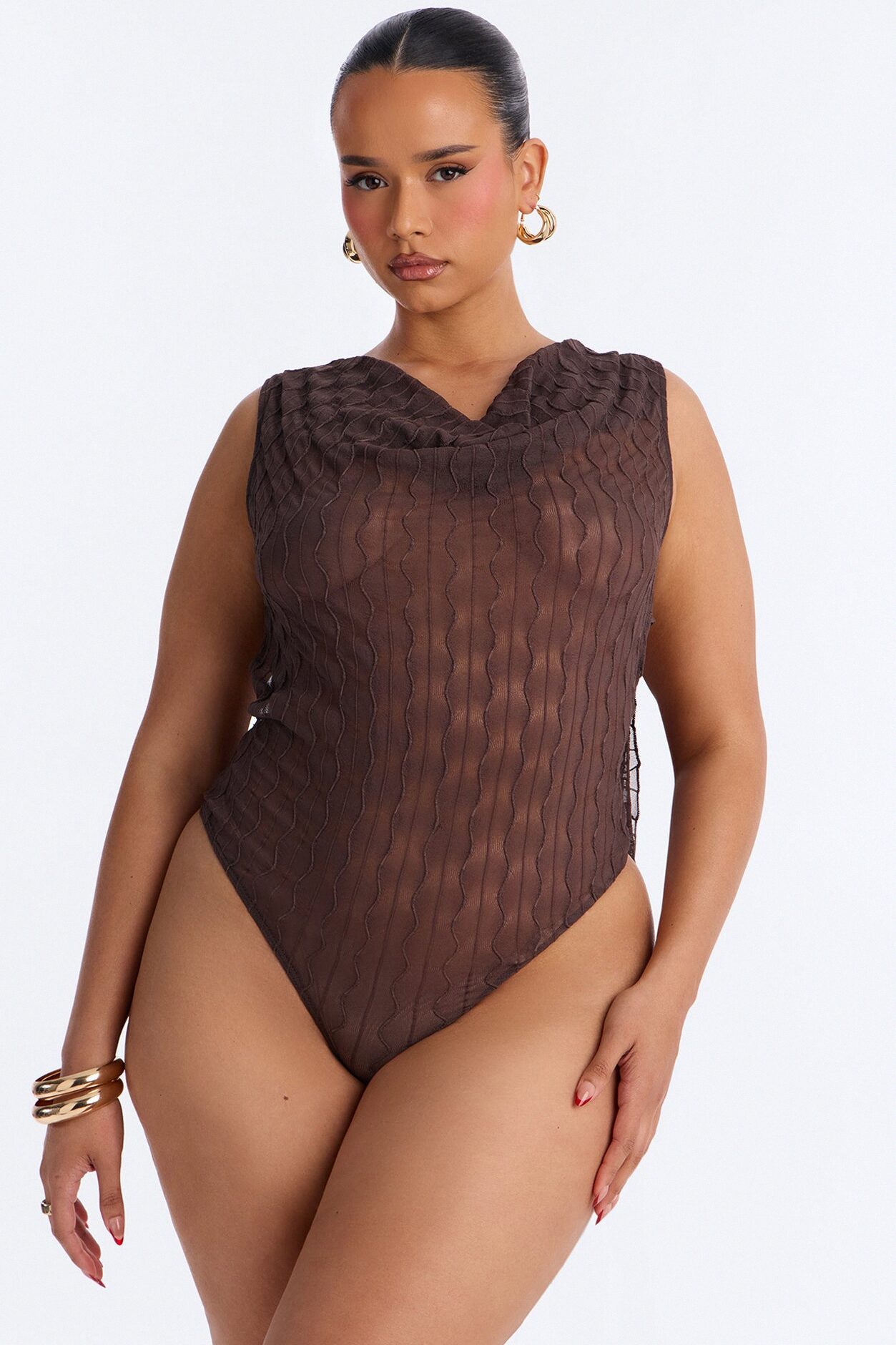 Kallie Ruffle Backless Mesh Bodysuit - Chocolate