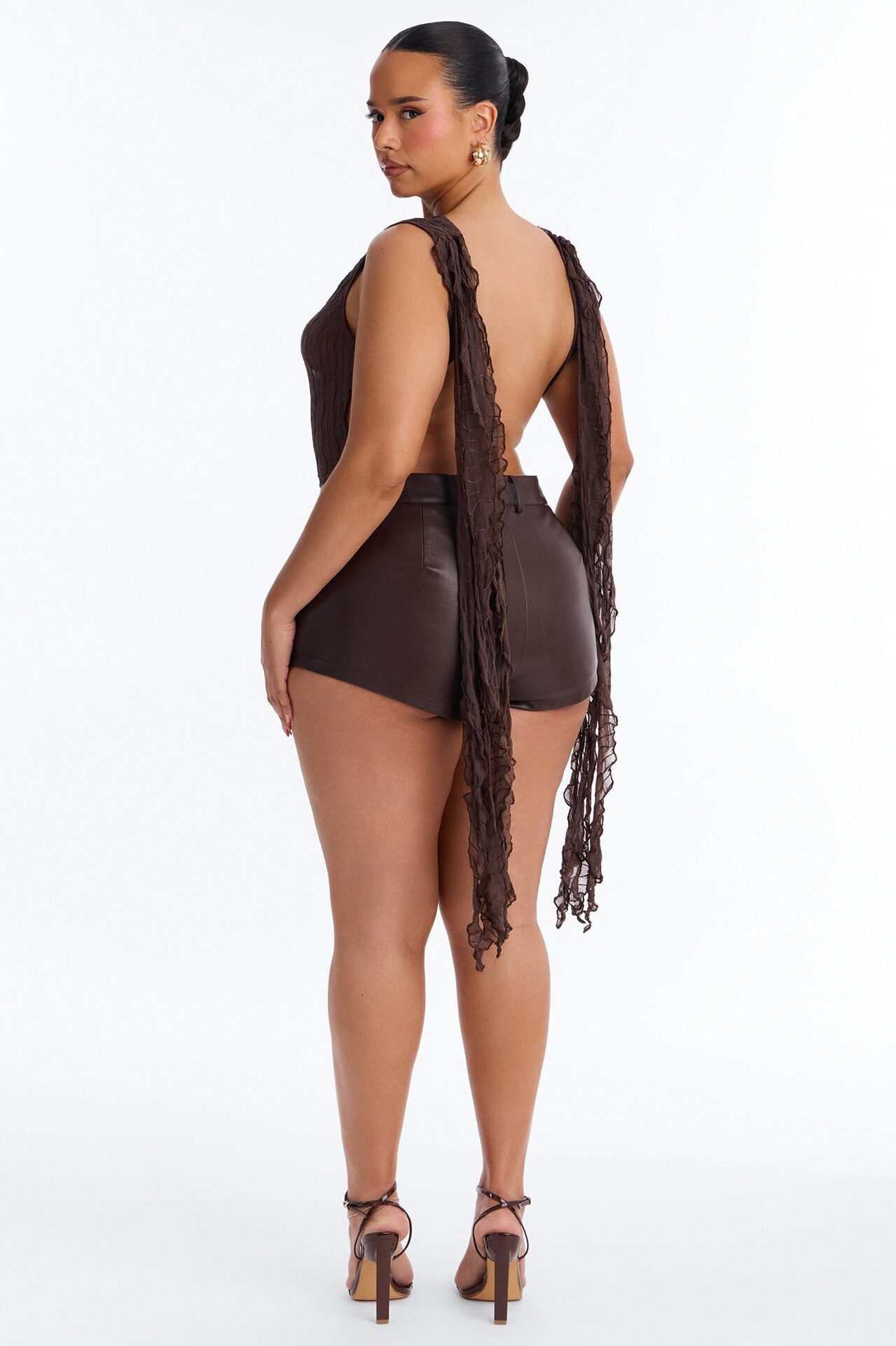 Kallie Ruffle Backless Mesh Bodysuit - Chocolate