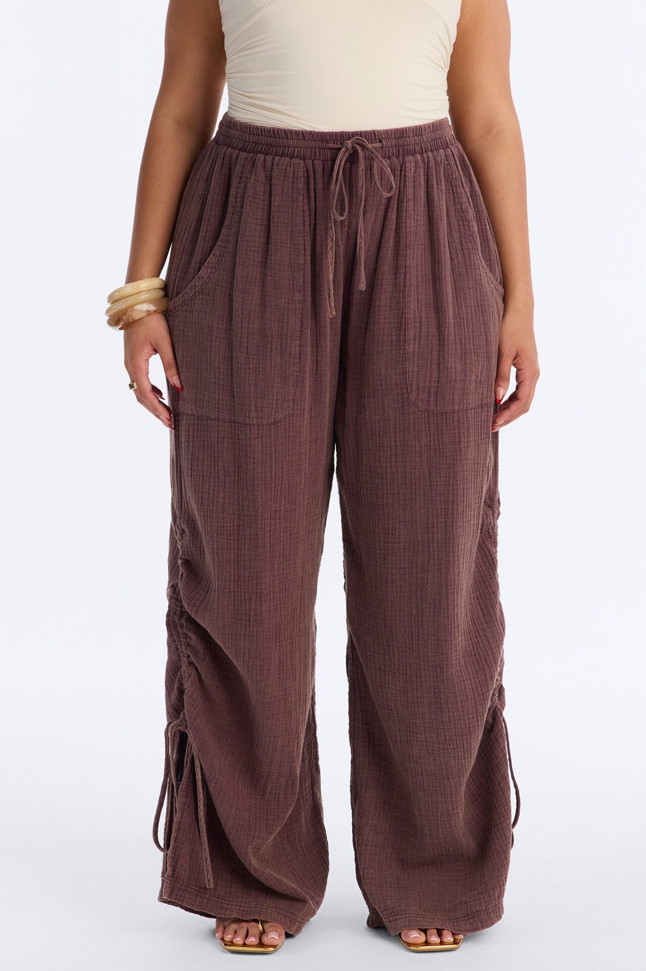 Kayla Mid Rise Washed Gauze Wide Leg Pant - Brown