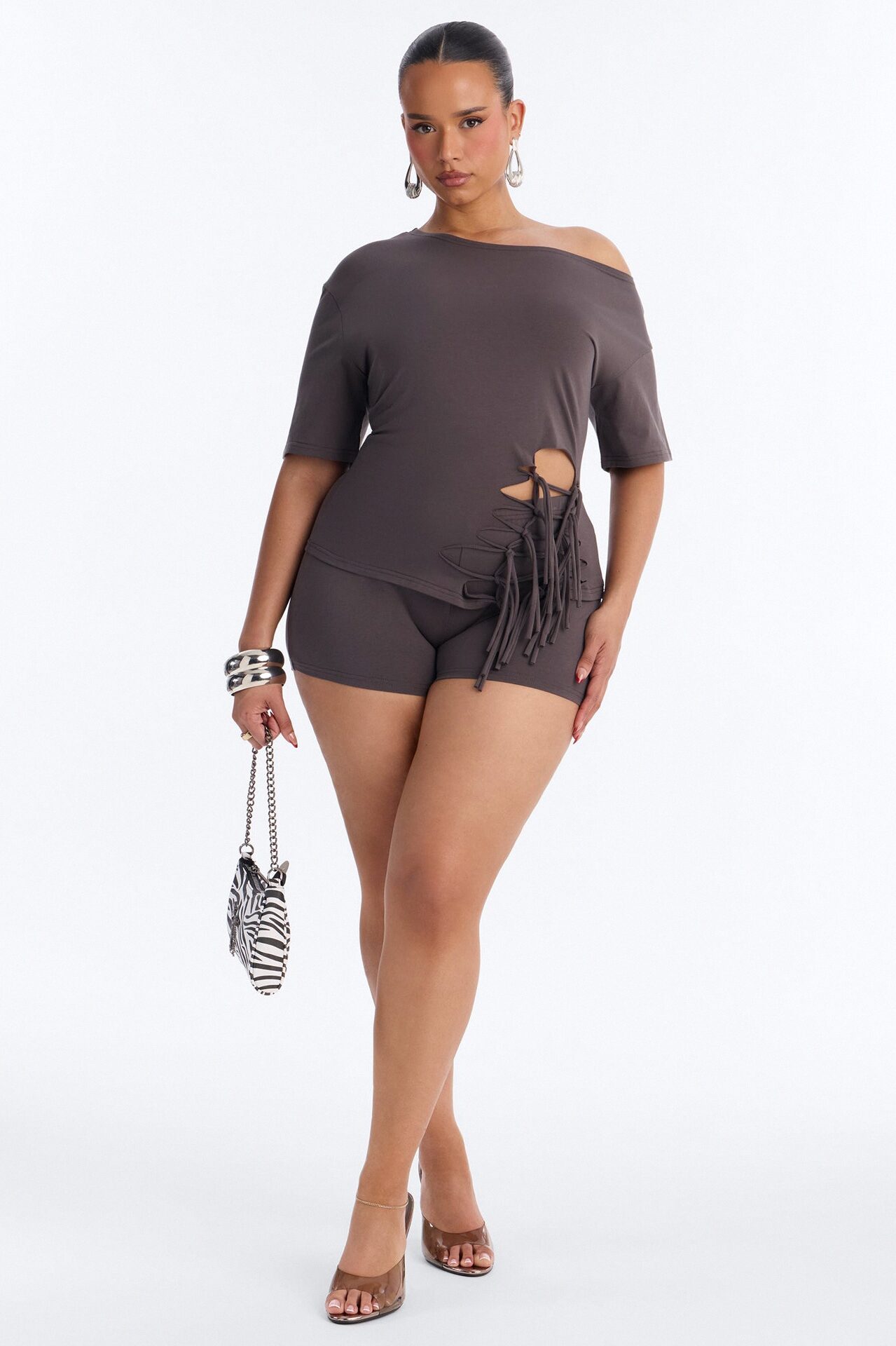 Audrey Cut Out Biker Short Set - Charcoal