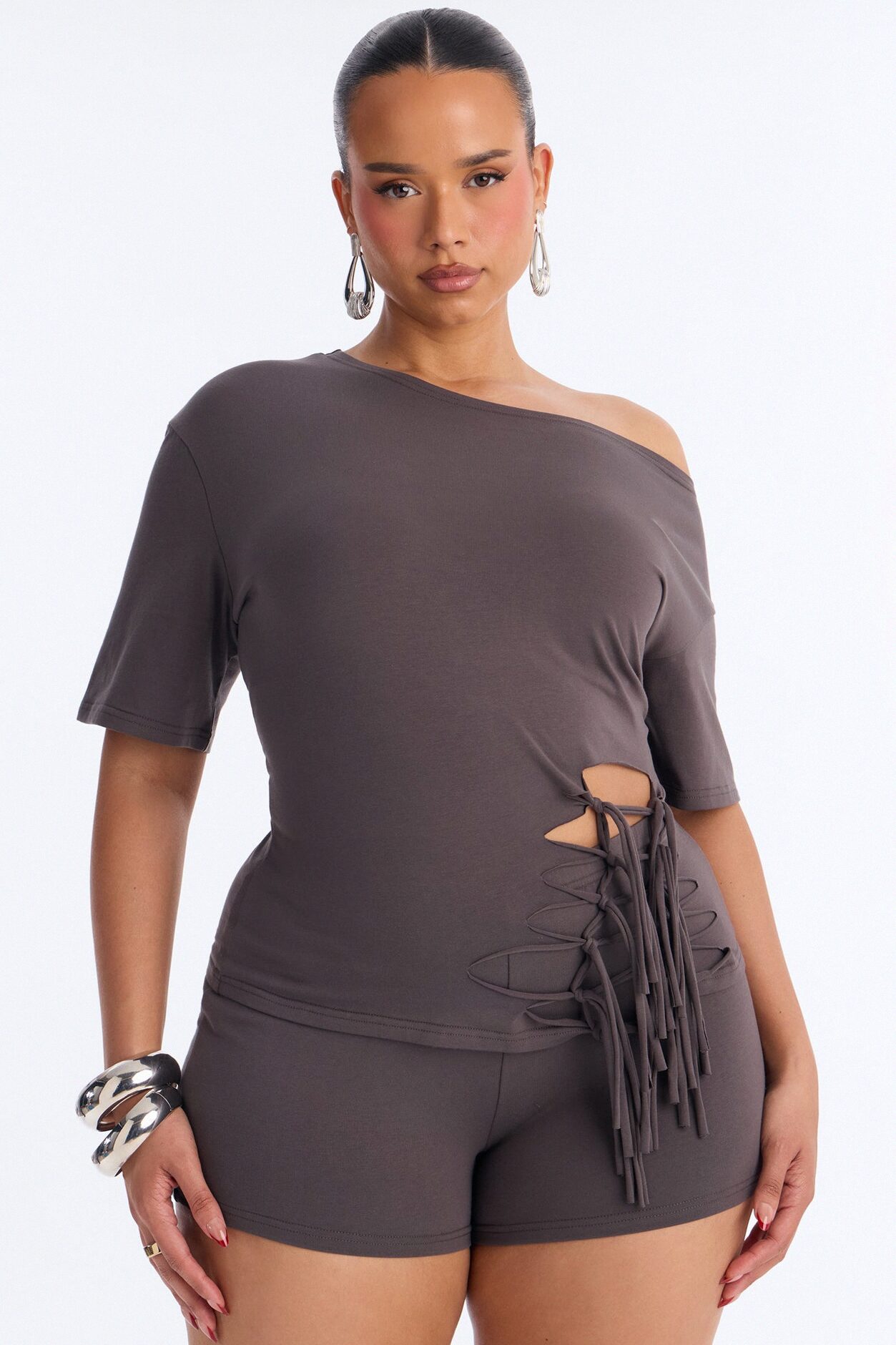 Audrey Cut Out Biker Short Set - Charcoal
