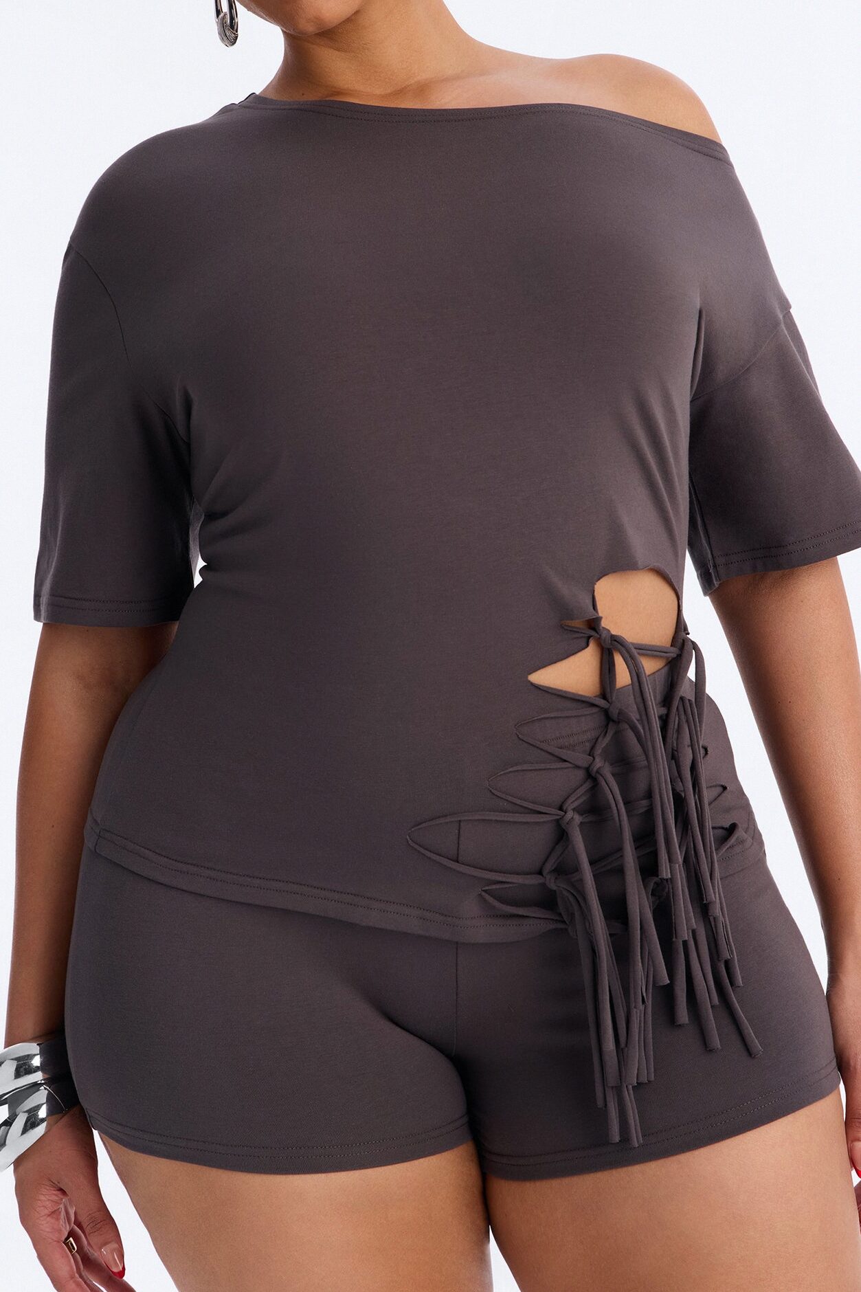 Audrey Cut Out Biker Short Set - Charcoal