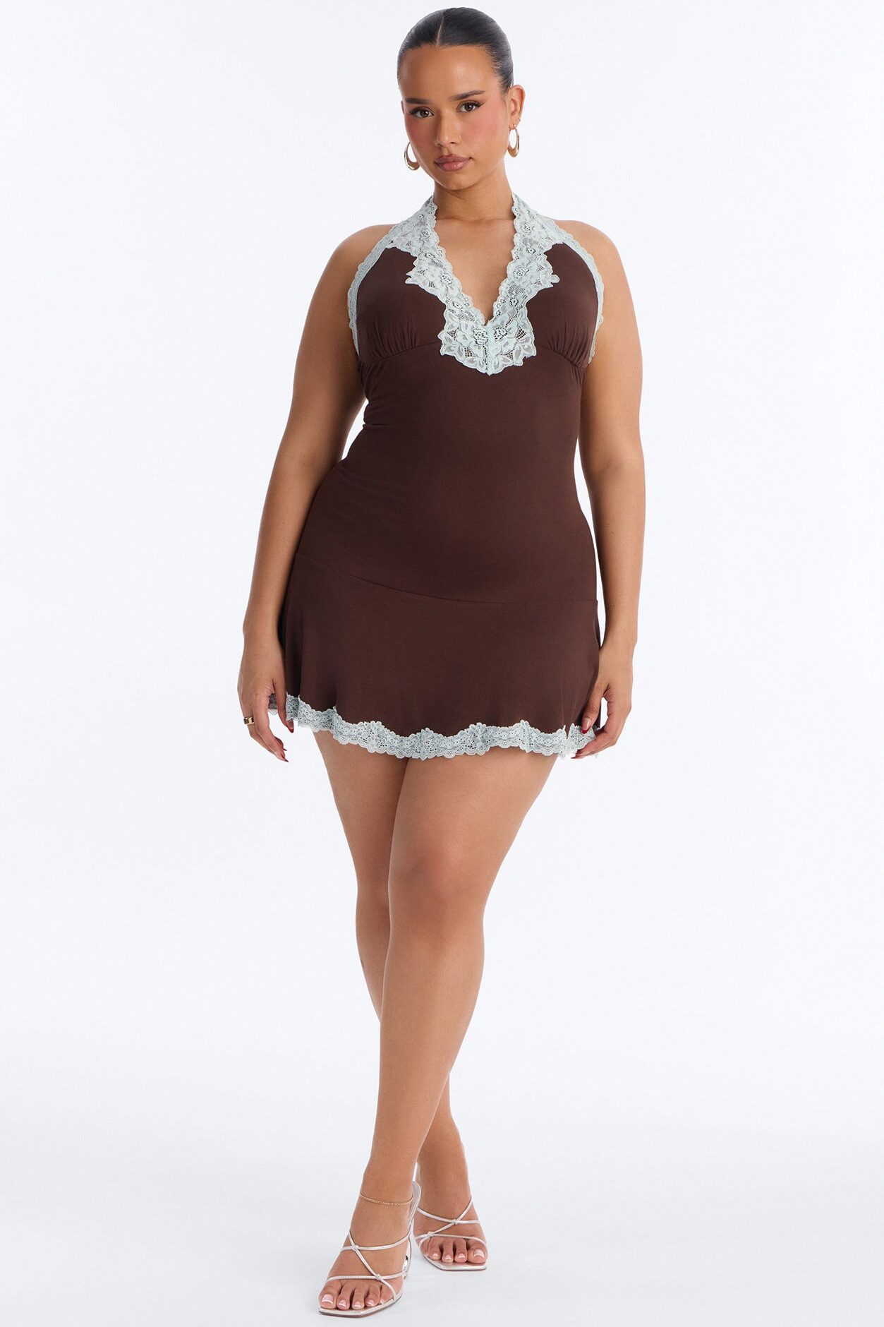 Andi Lace Trim Halter Mini Dress - Chocolate/Combo