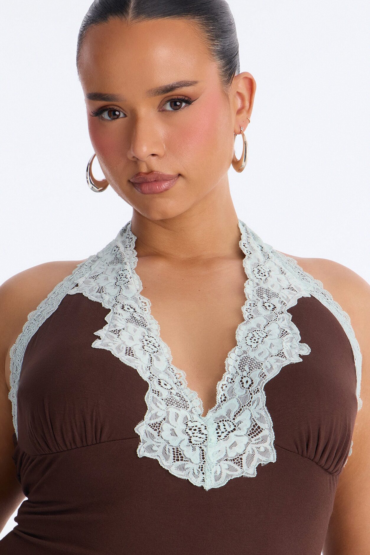 Andi Lace Trim Halter Mini Dress - Chocolate/Combo