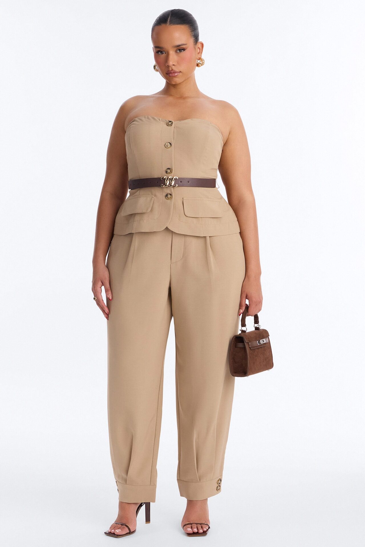 Victoria Belted Vest Pant Set - Taupe