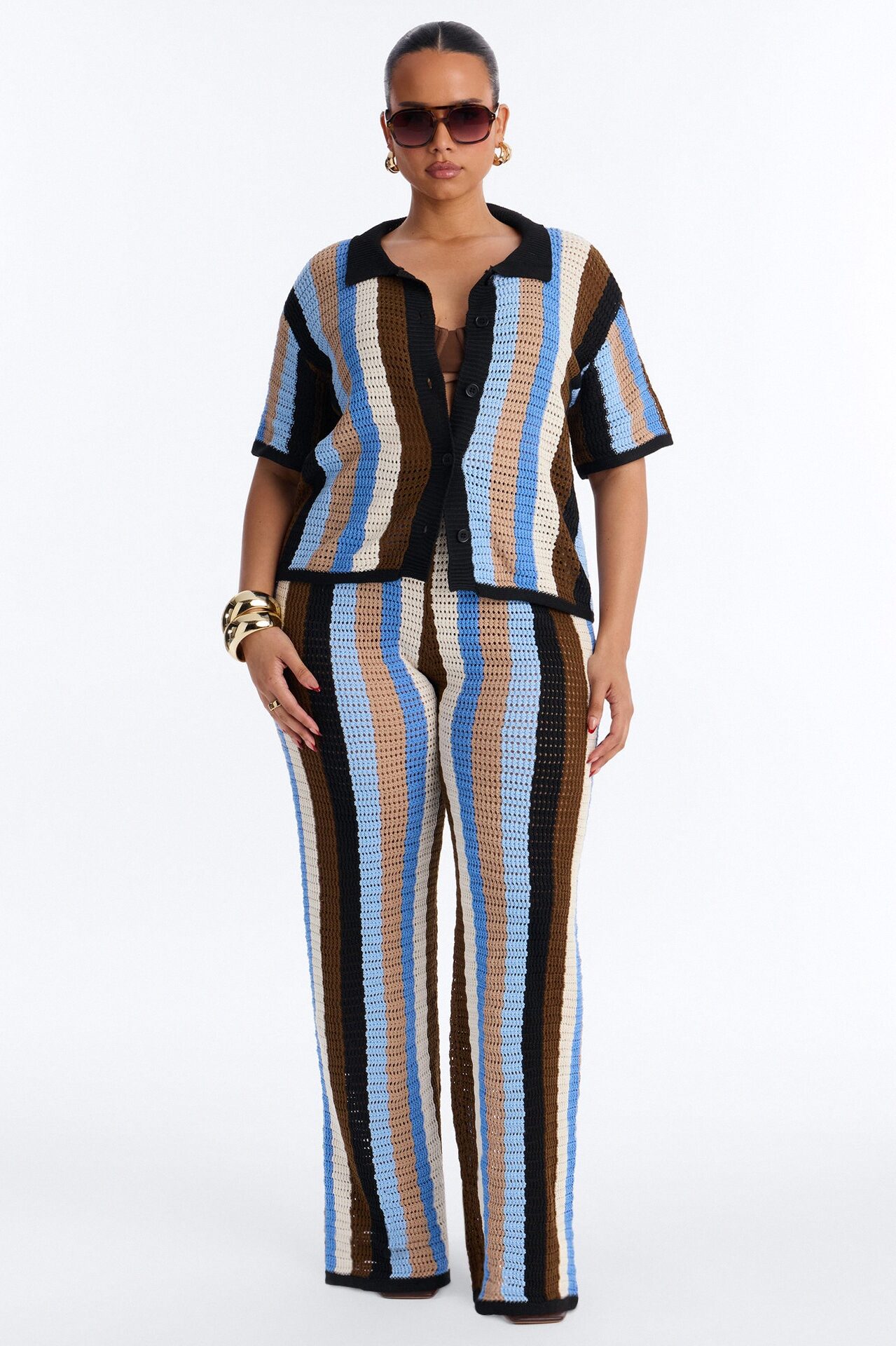 Lisa Crochet Wide Leg Pant Set - Blue/combo