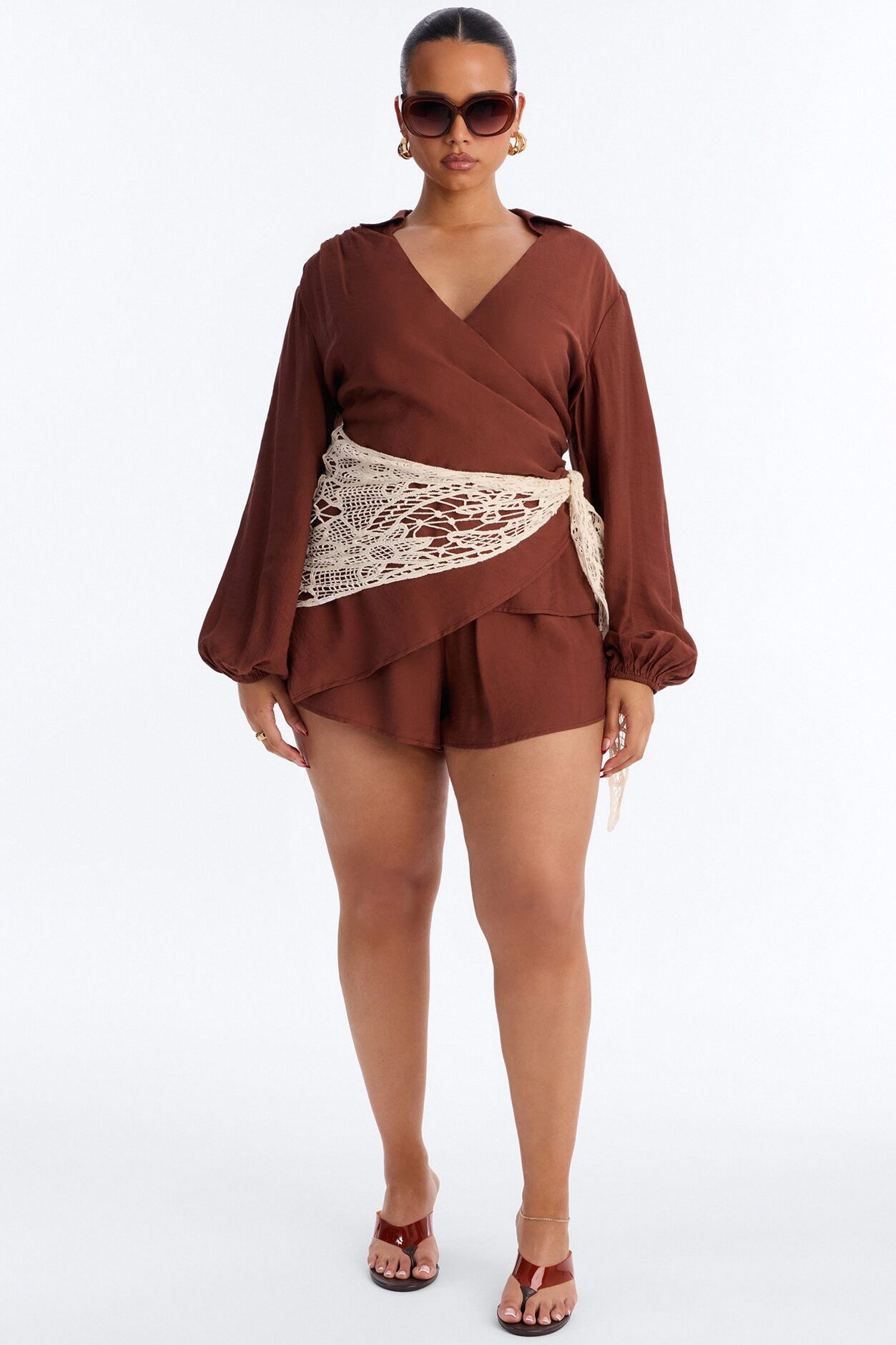 Yolanda 3 Piece Crochet Wrap Short Set - Brown