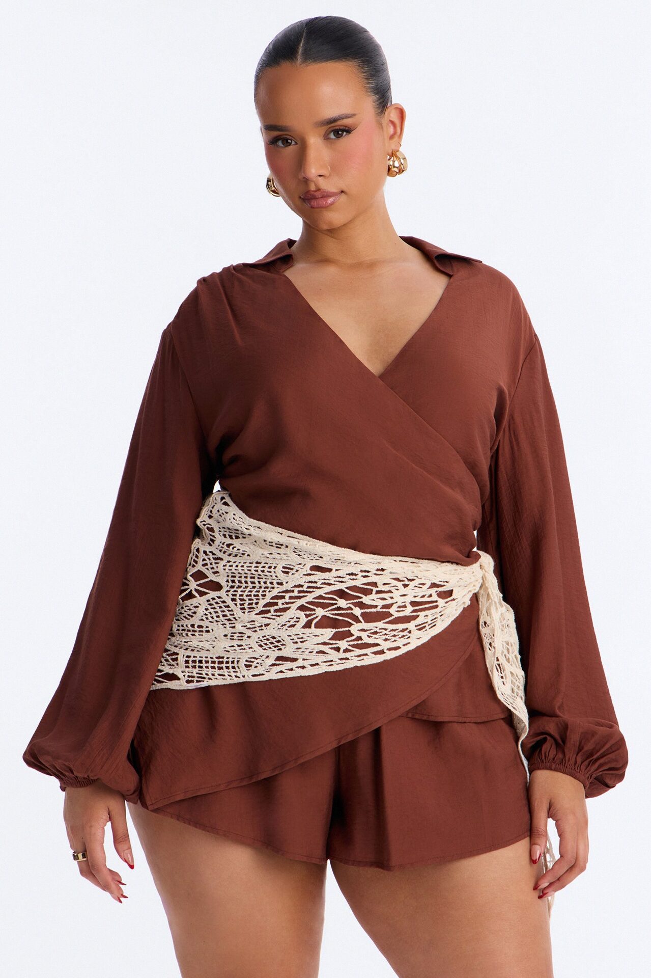 Yolanda 3 Piece Crochet Wrap Short Set - Brown