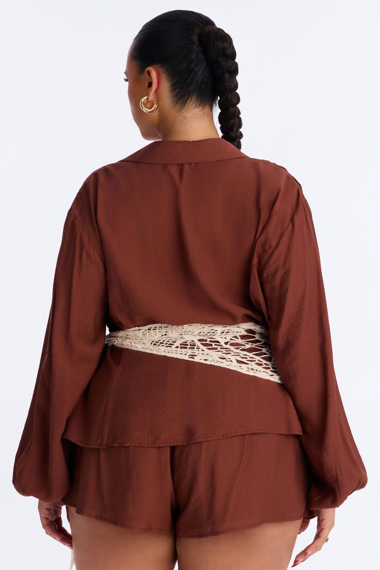 Yolanda 3 Piece Crochet Wrap Short Set - Brown