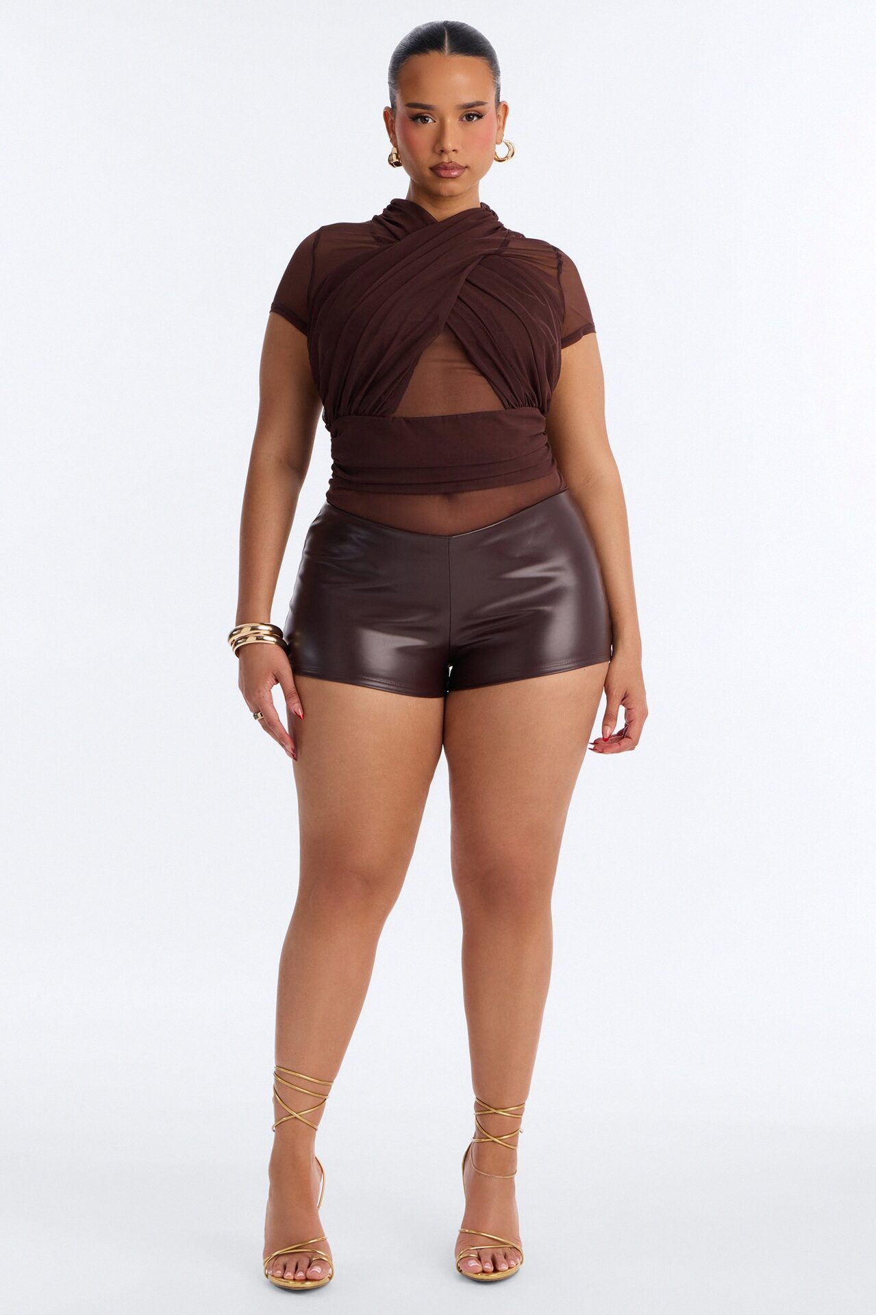 Serena Short Sleeve Mesh Bodysuit - Chocolate