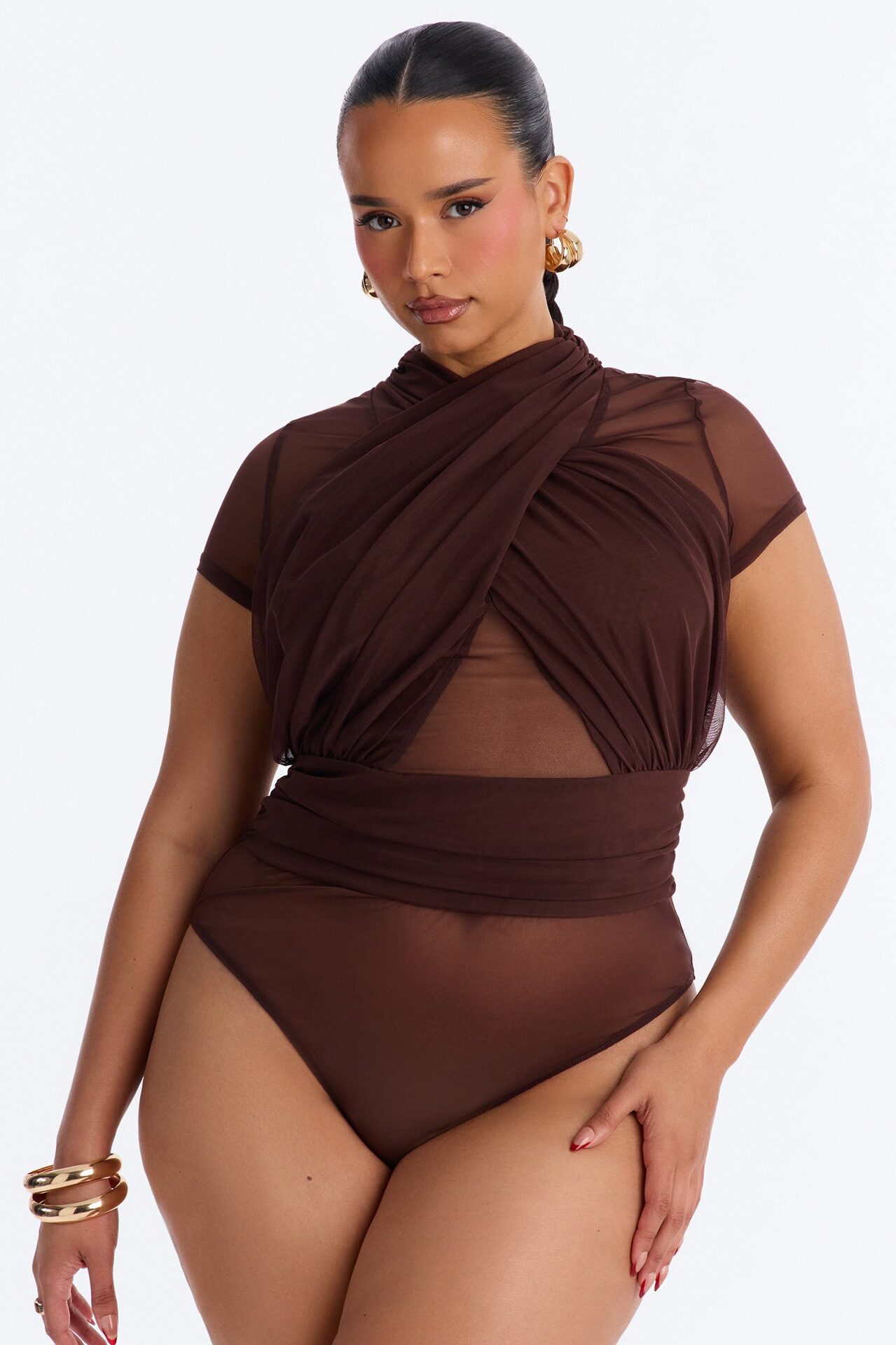Serena Short Sleeve Mesh Bodysuit - Chocolate