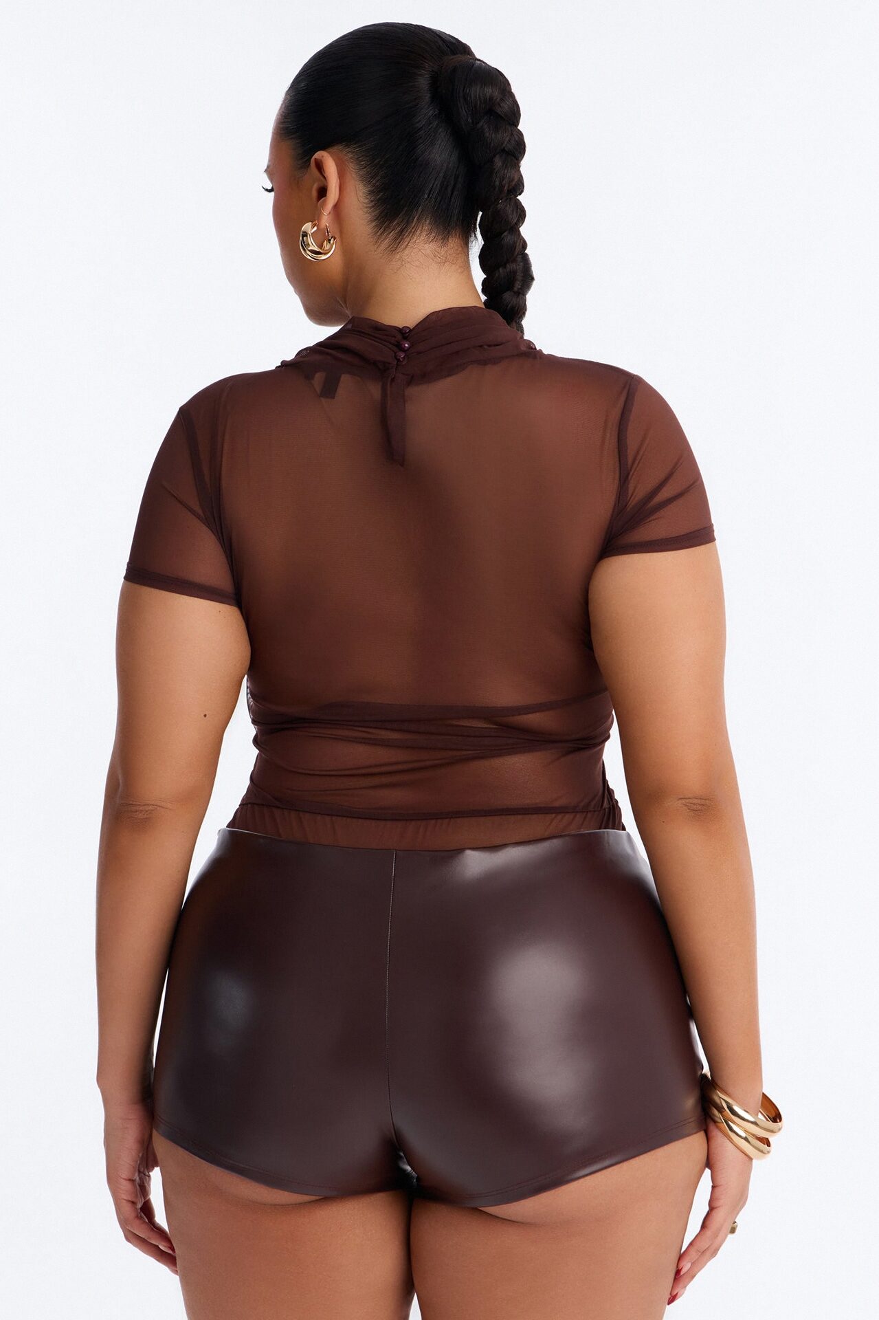 Serena Short Sleeve Mesh Bodysuit - Chocolate