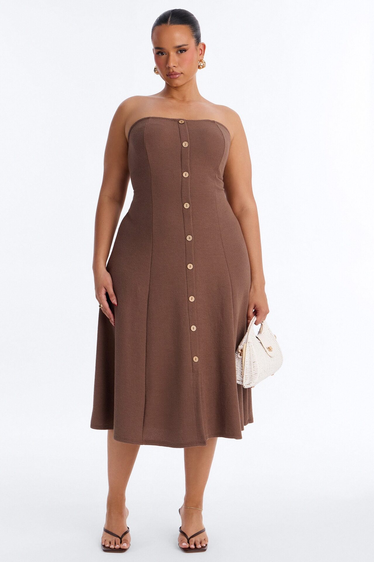 Celia Strapless Textured Midi Dress - Chocolate