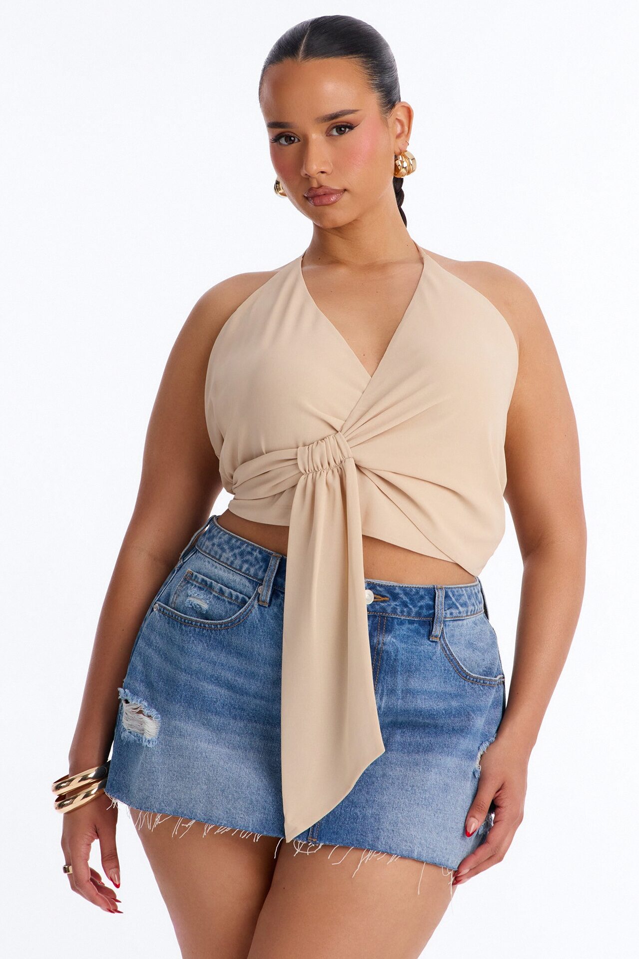 On My Terms Surplice Neck Chiffon Halter Top - Cream