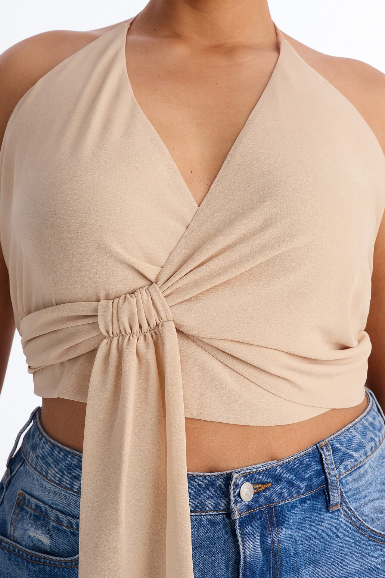 On My Terms Surplice Neck Chiffon Halter Top - Cream