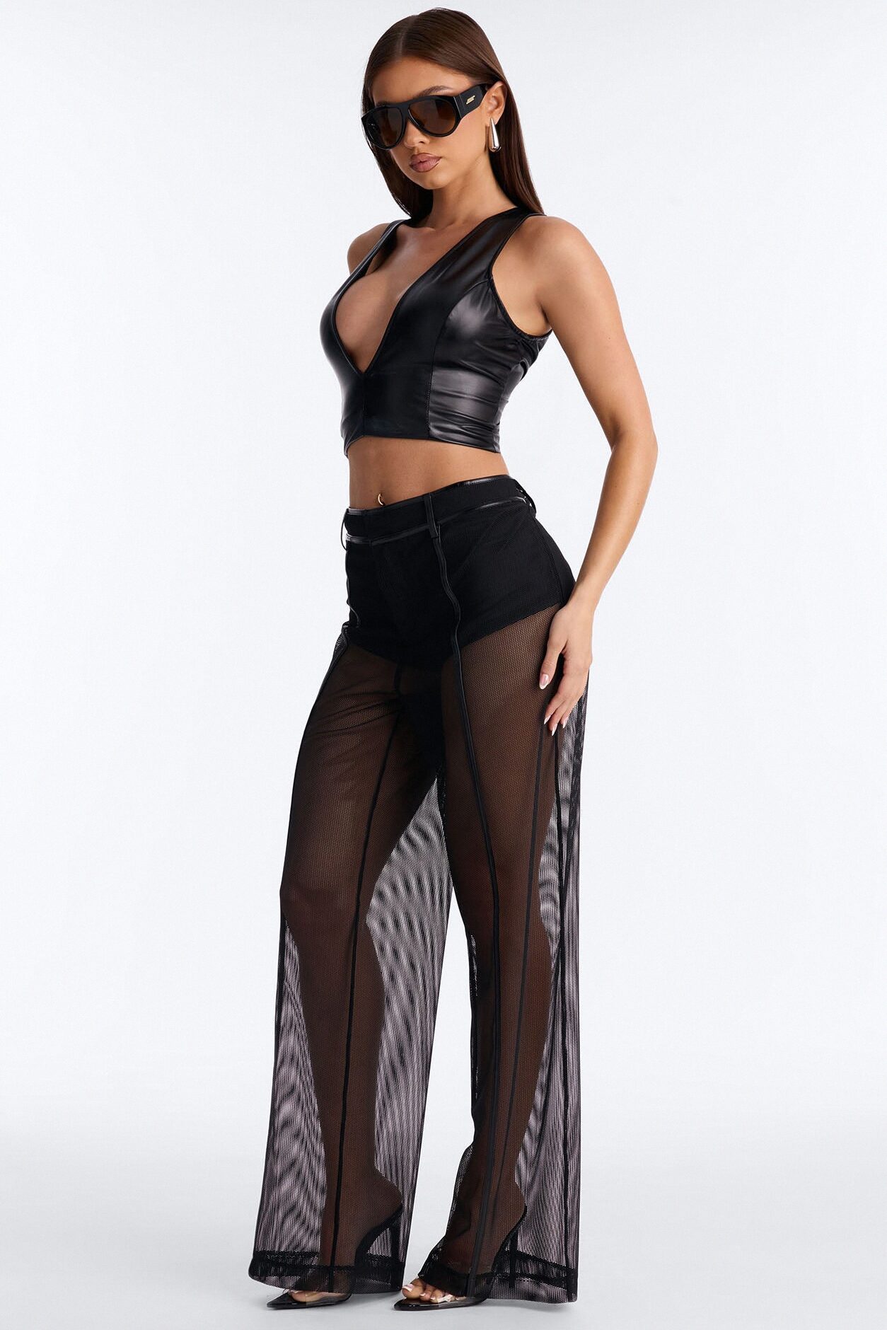 Jet Setter Low Rise Sheer Fishnet Pants - Black