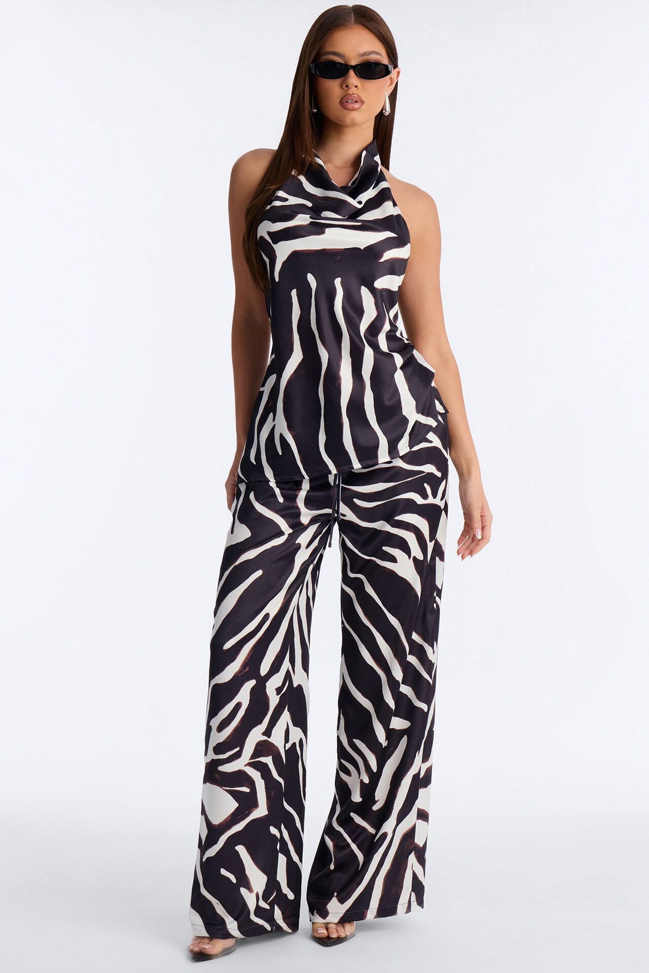Safari Sunsets Satin Zebra Halter Top - Brown Combo