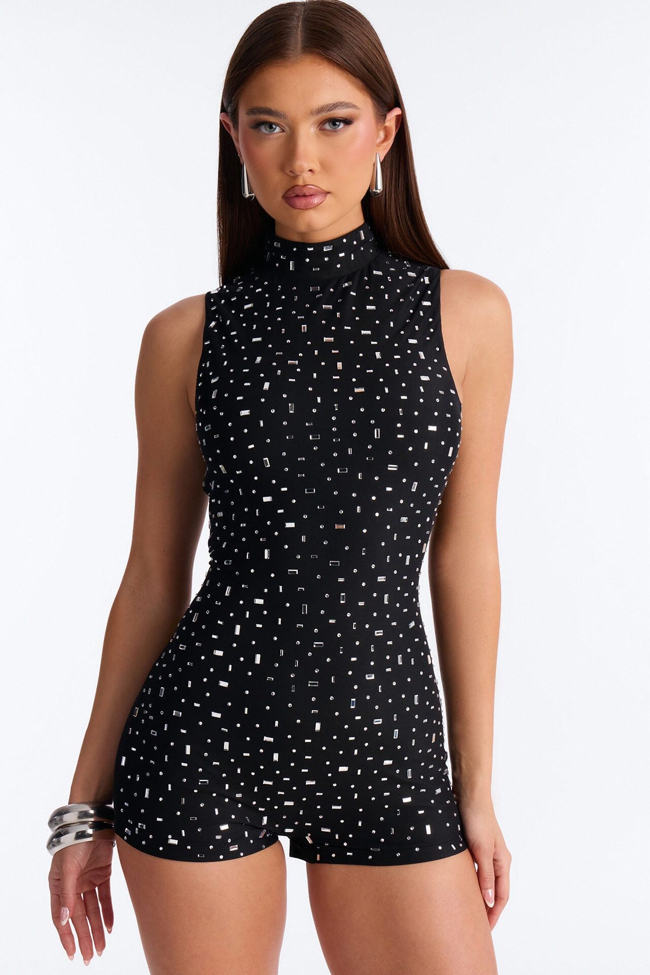 Shinning Lights Mock Neck Sleeveless Romper - Black