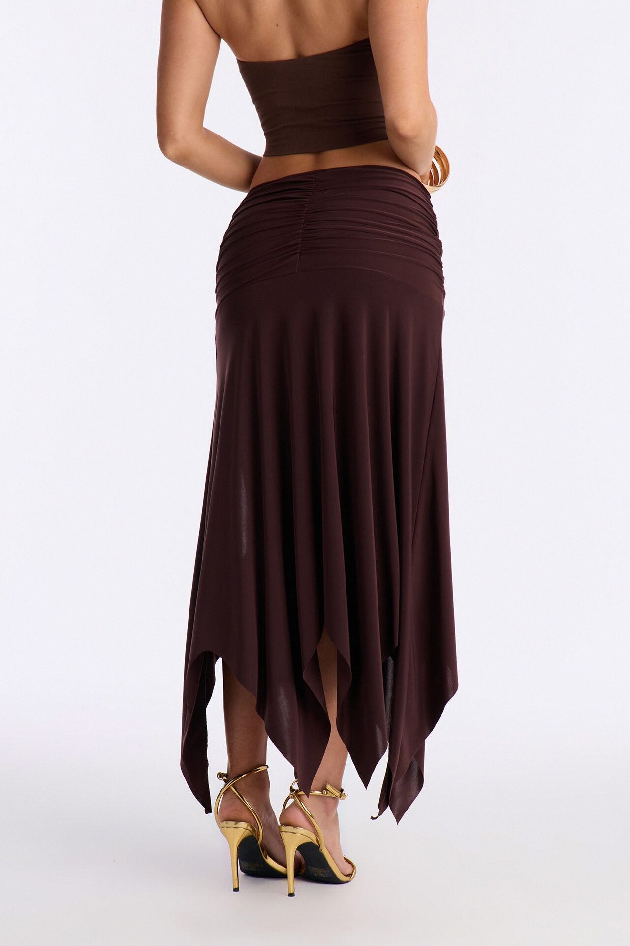 Miranda Low Rise Ruched Flowy Midi Skirt - Brown