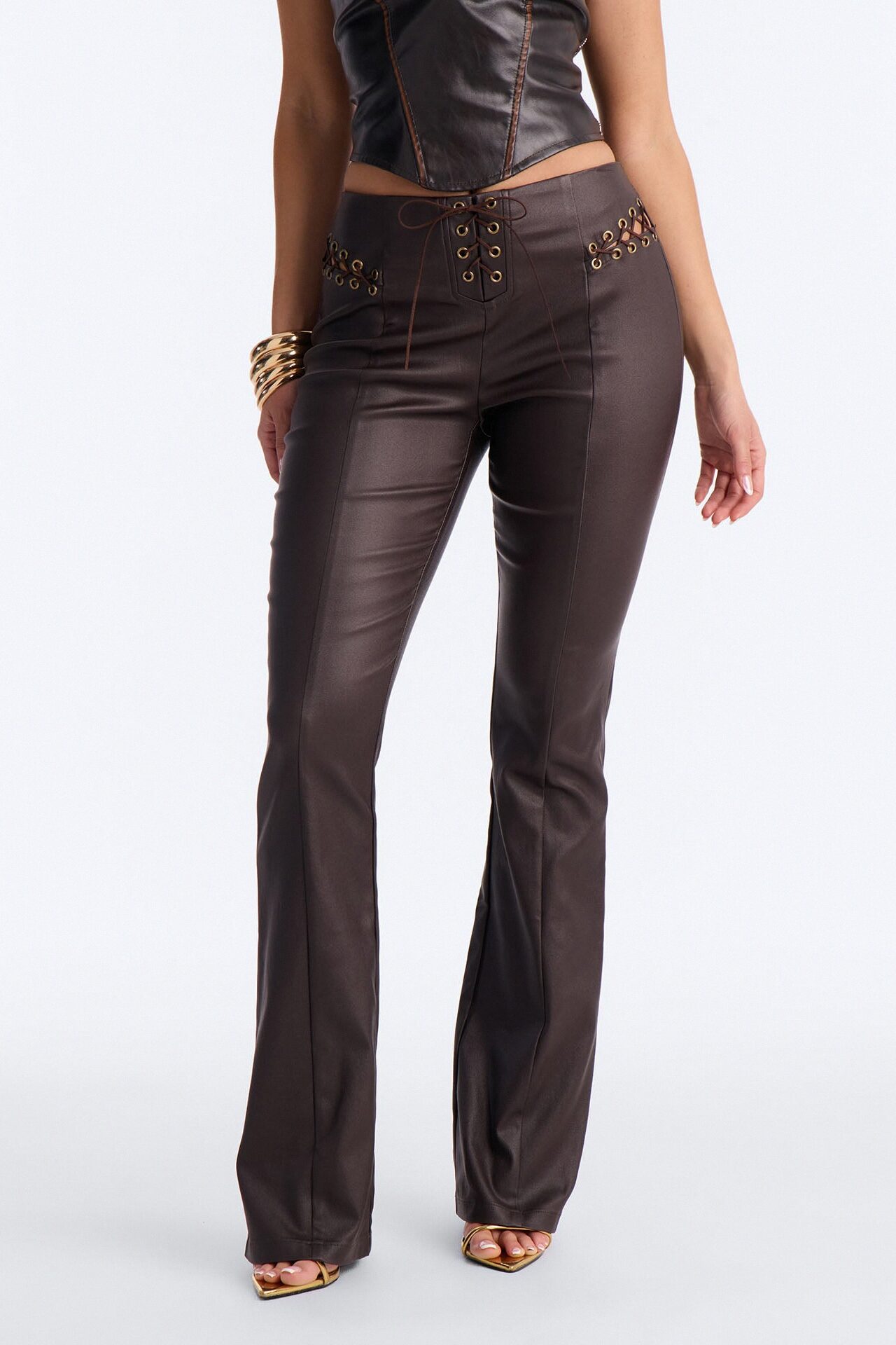 Jolie Lace Up Coated Skinny Pant - Brown
