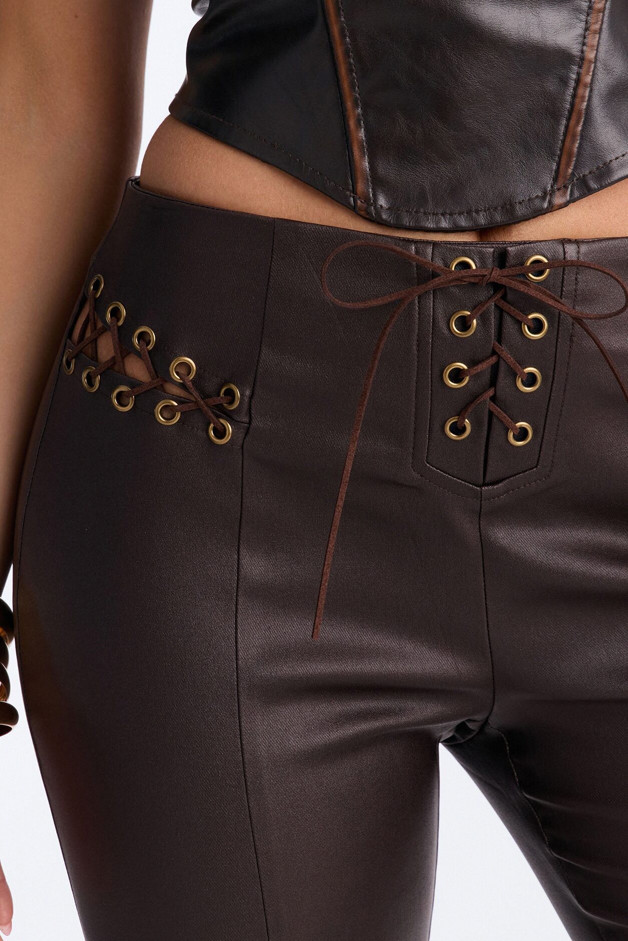 Jolie Lace Up Coated Skinny Pant - Brown